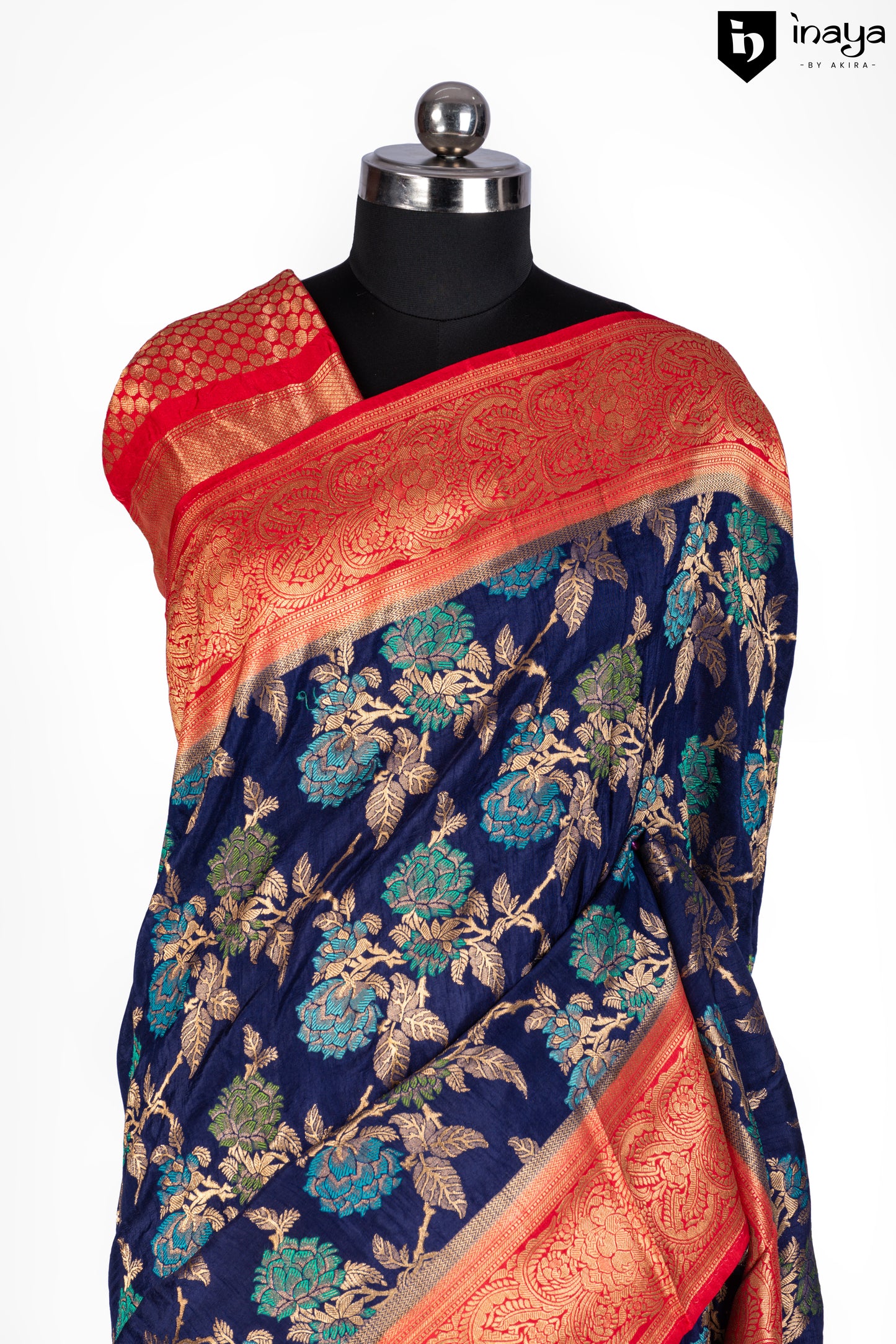 Navy Elegance Banarasi Silk Saree with Rustic Red Accents