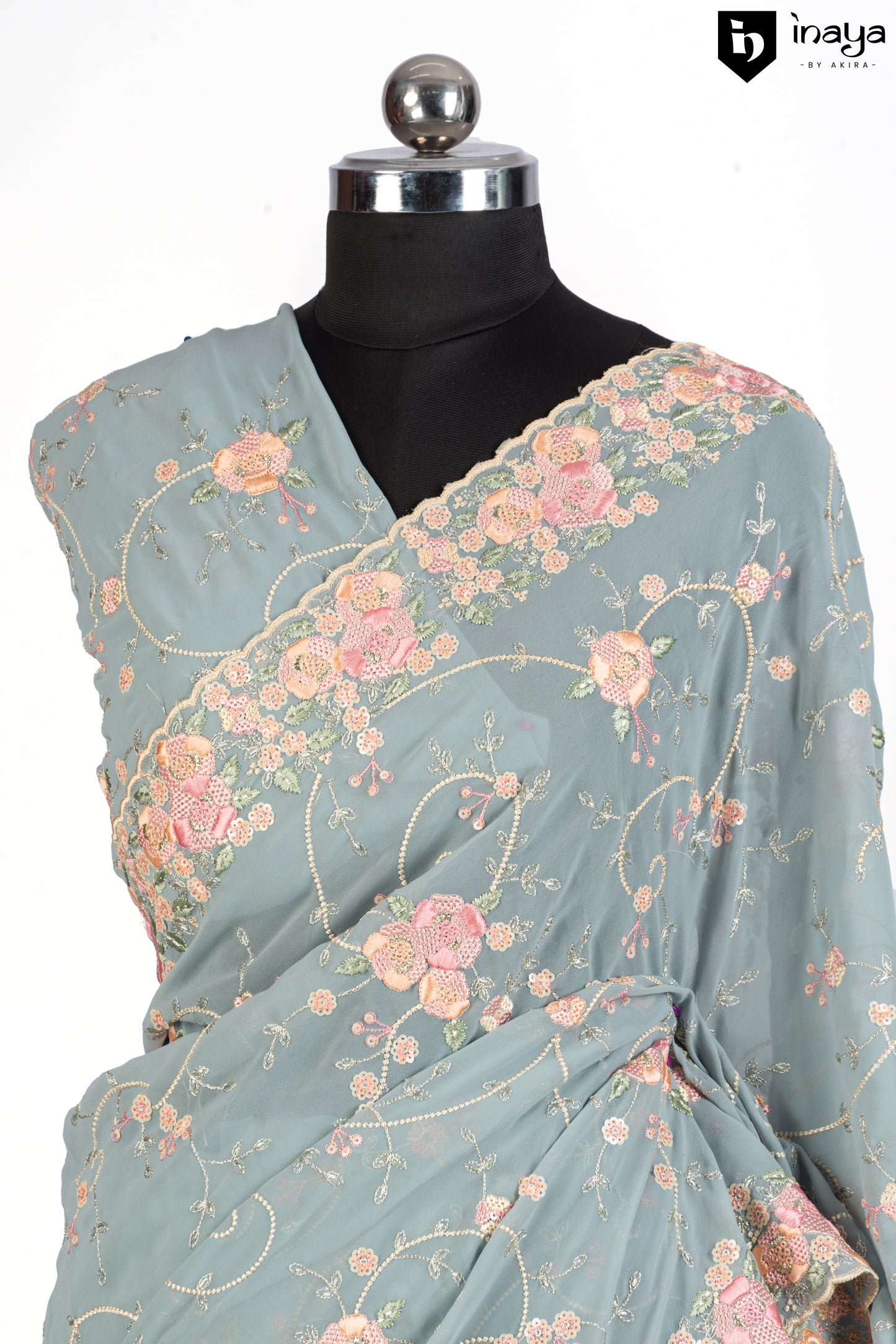 Pastel Blue Georgette Saree with Floral Motifs