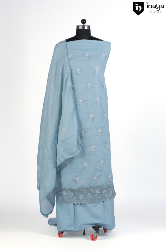 Sky Blue Serenity Cotton Suit with Delicate Embroidery