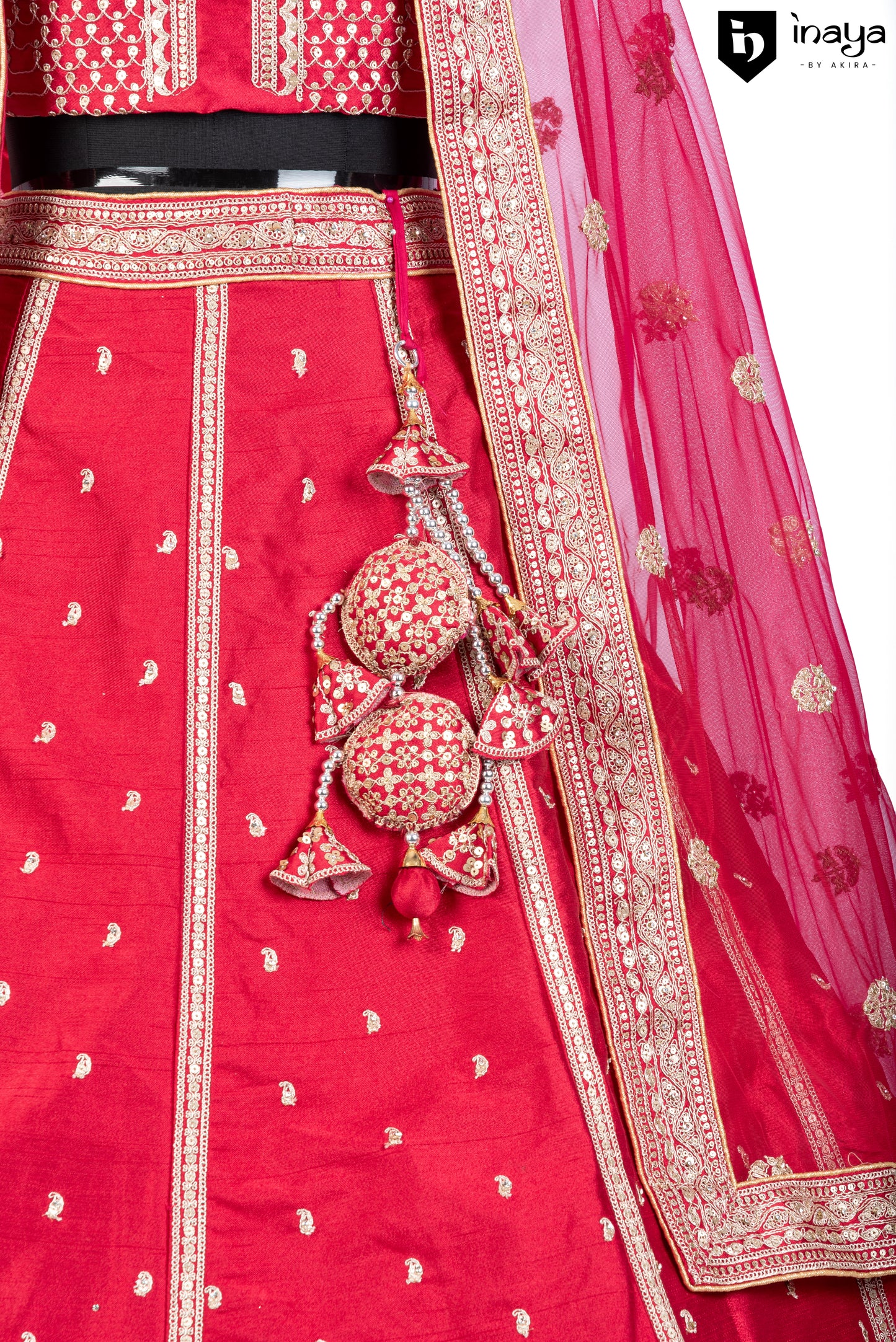 Majestic Silk Elegance: Ruby Red Silk Semi-Stitched Bridal Lehenga with Pure Net Dupatta