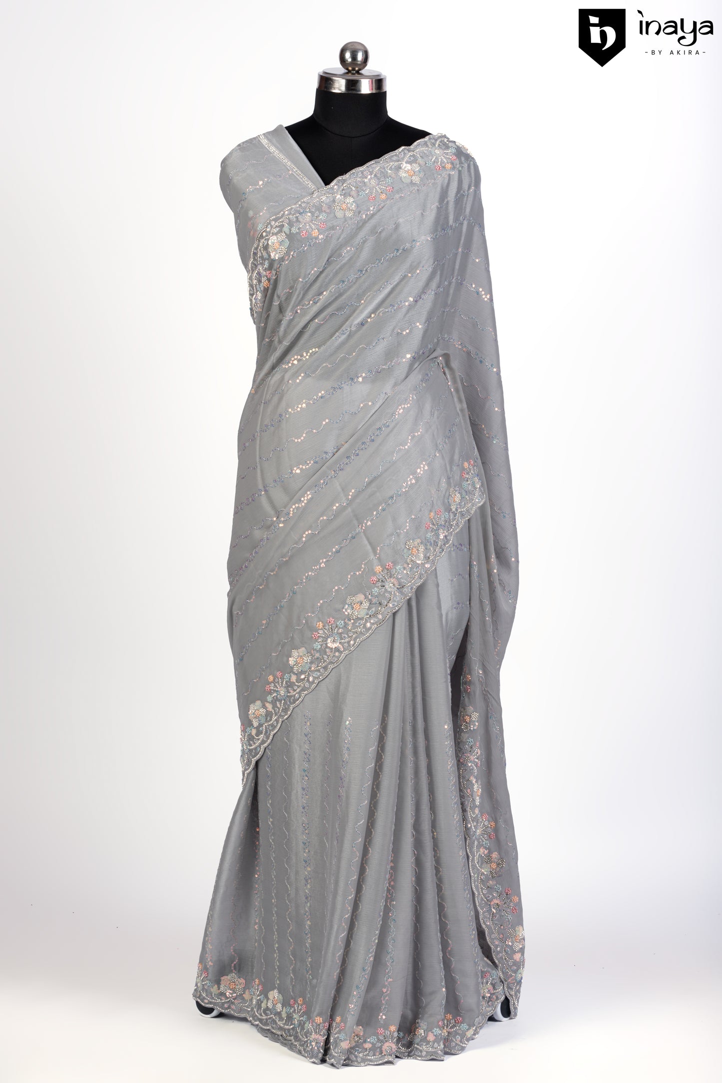 Elegant Whispers Grey Chiffon Saree with Floral Embroidery