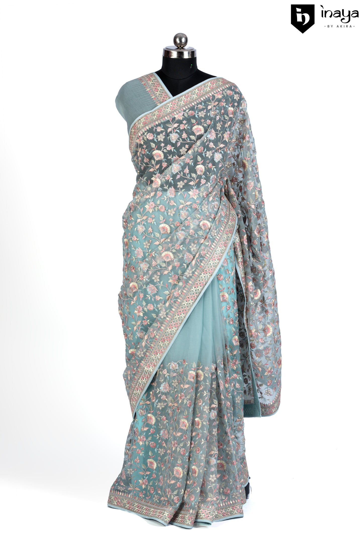 Sky Blue Chiffon Floral Fantasy Saree