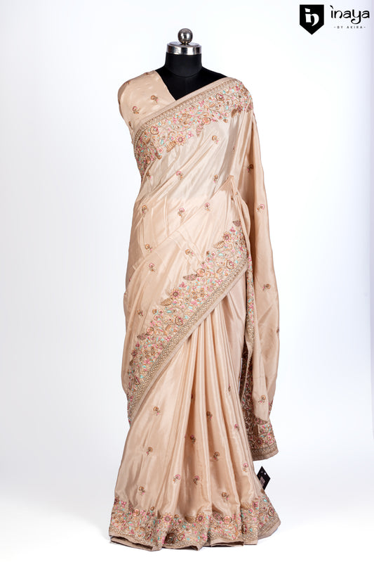 Champagne Elegance Satin Crepe Saree with Embroidered Flourish