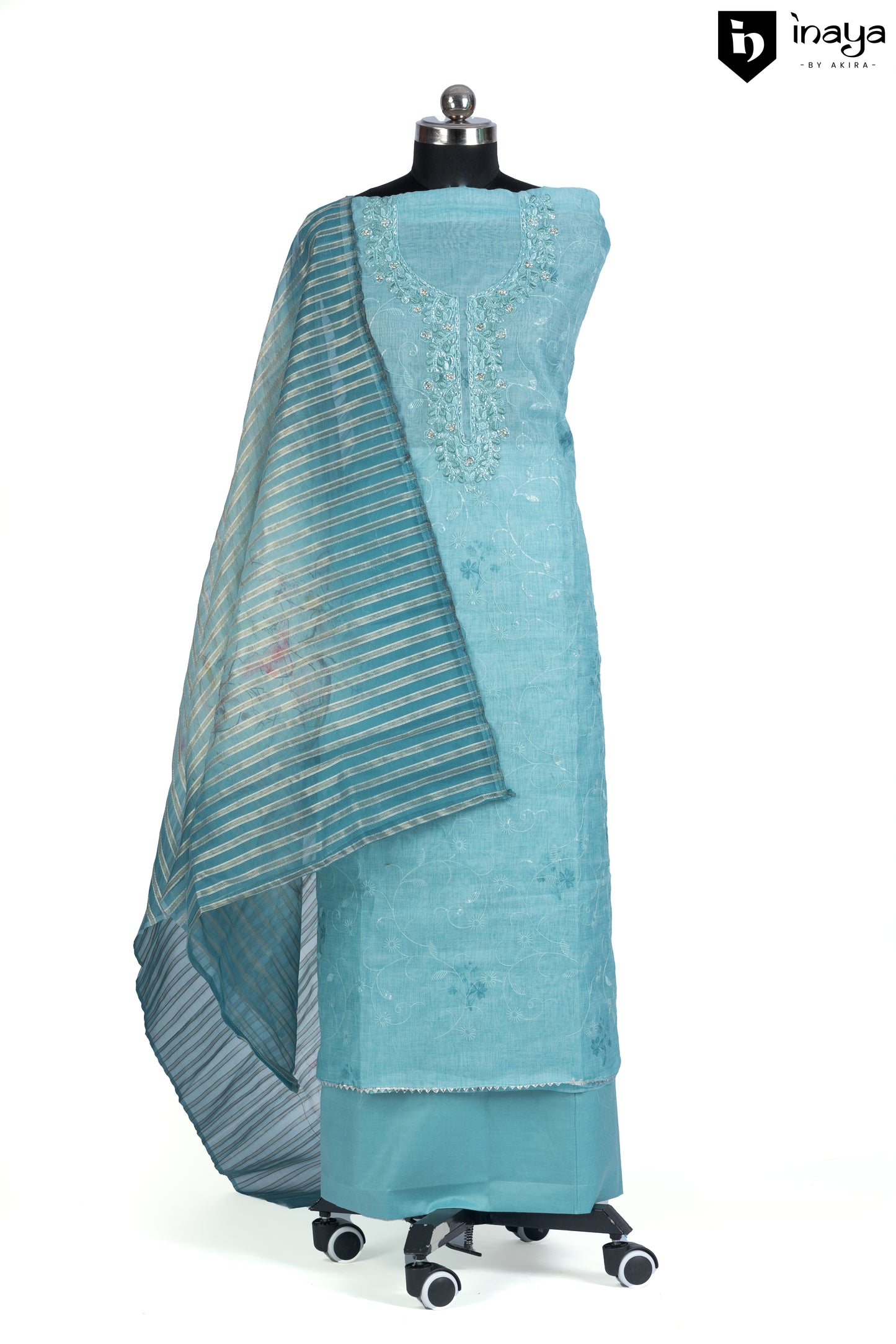 Ocean Whispers: Aqua Organza Suit Set with Embellished Detailing