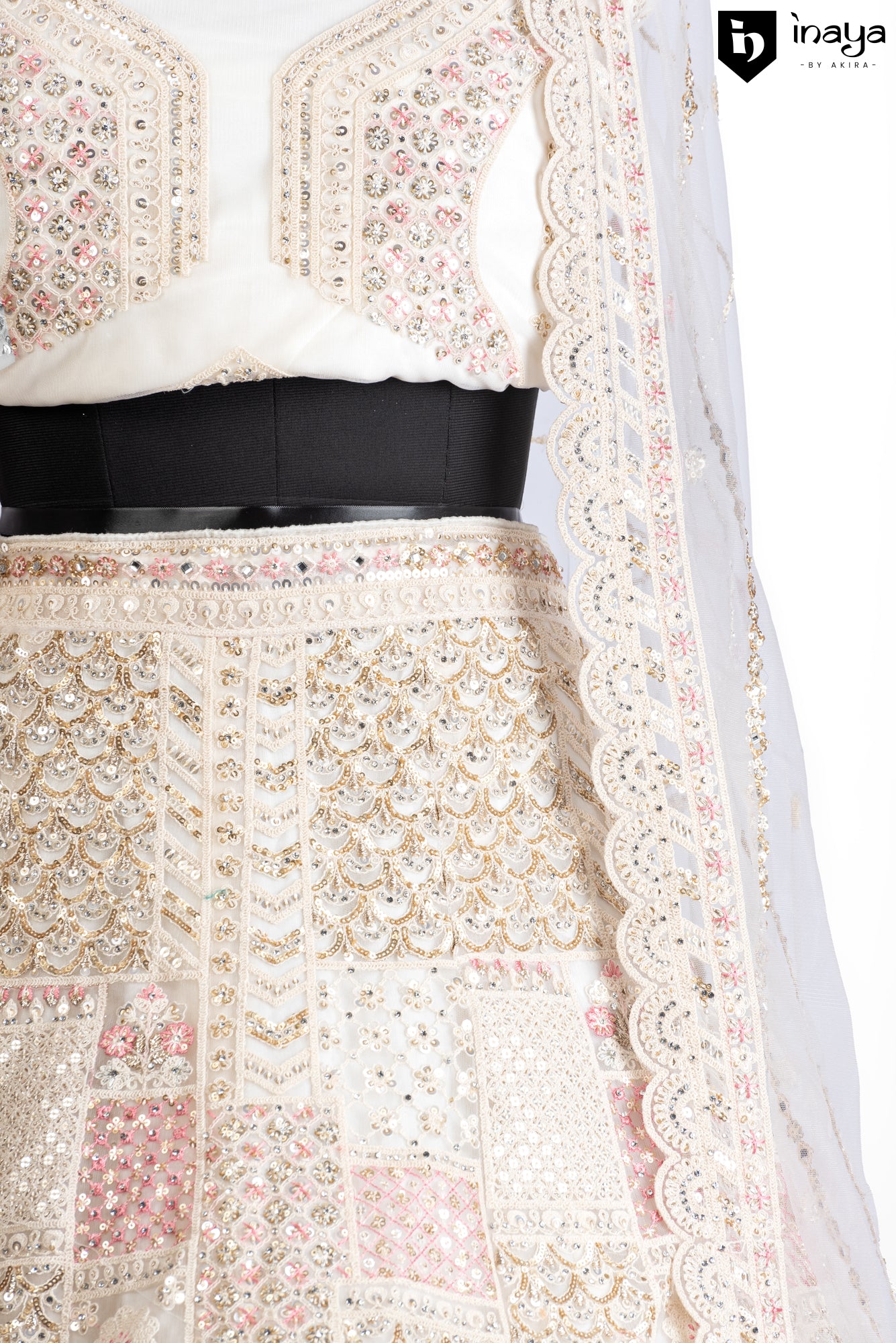 Vintage Cream Elegance: Cream Netted Fabric Semi-Stitched Lehenga with Delicate Embroidery