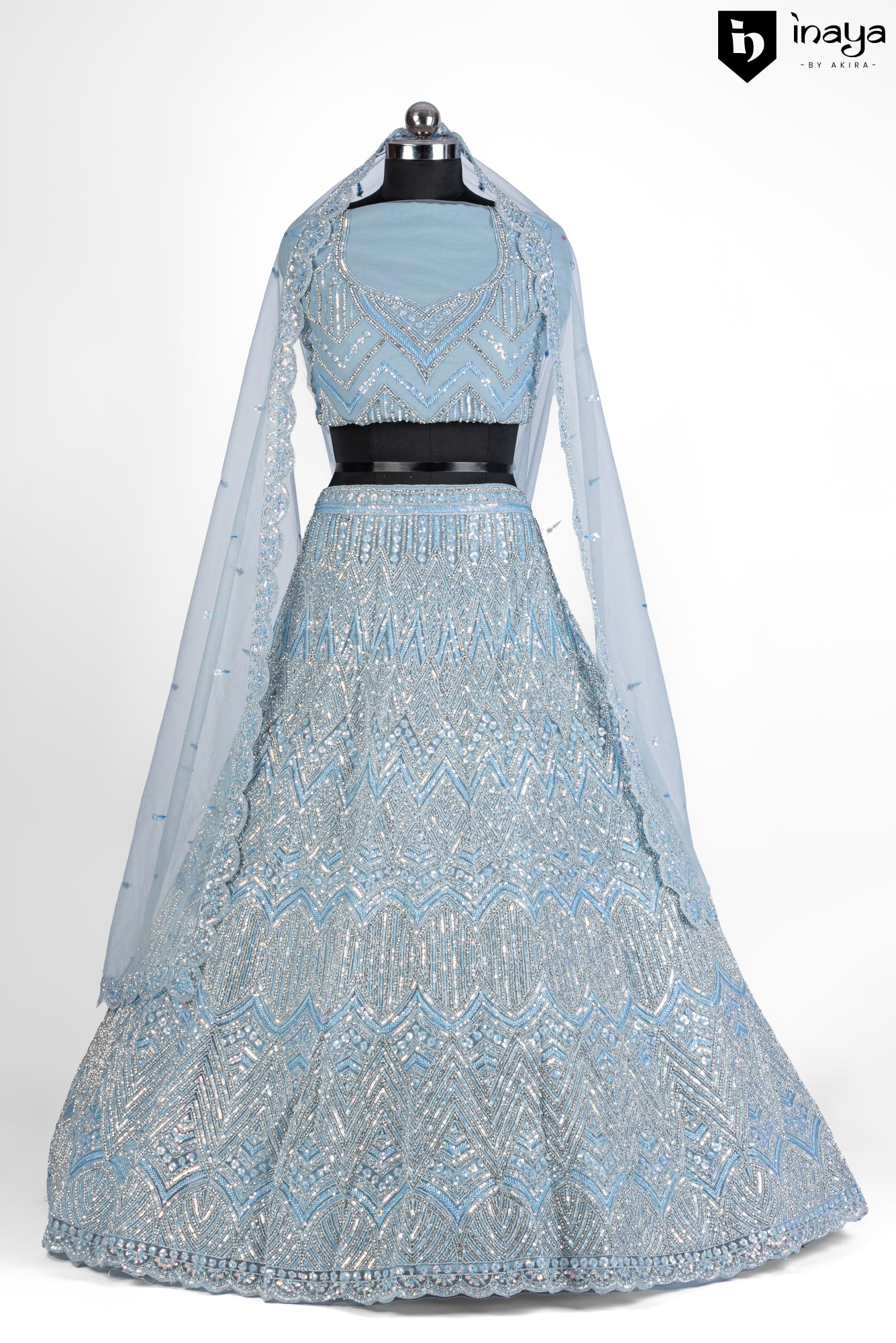 Icy Elegance: Ice Blue Net Semi-Stitched Lehenga with Crystal Embellishments