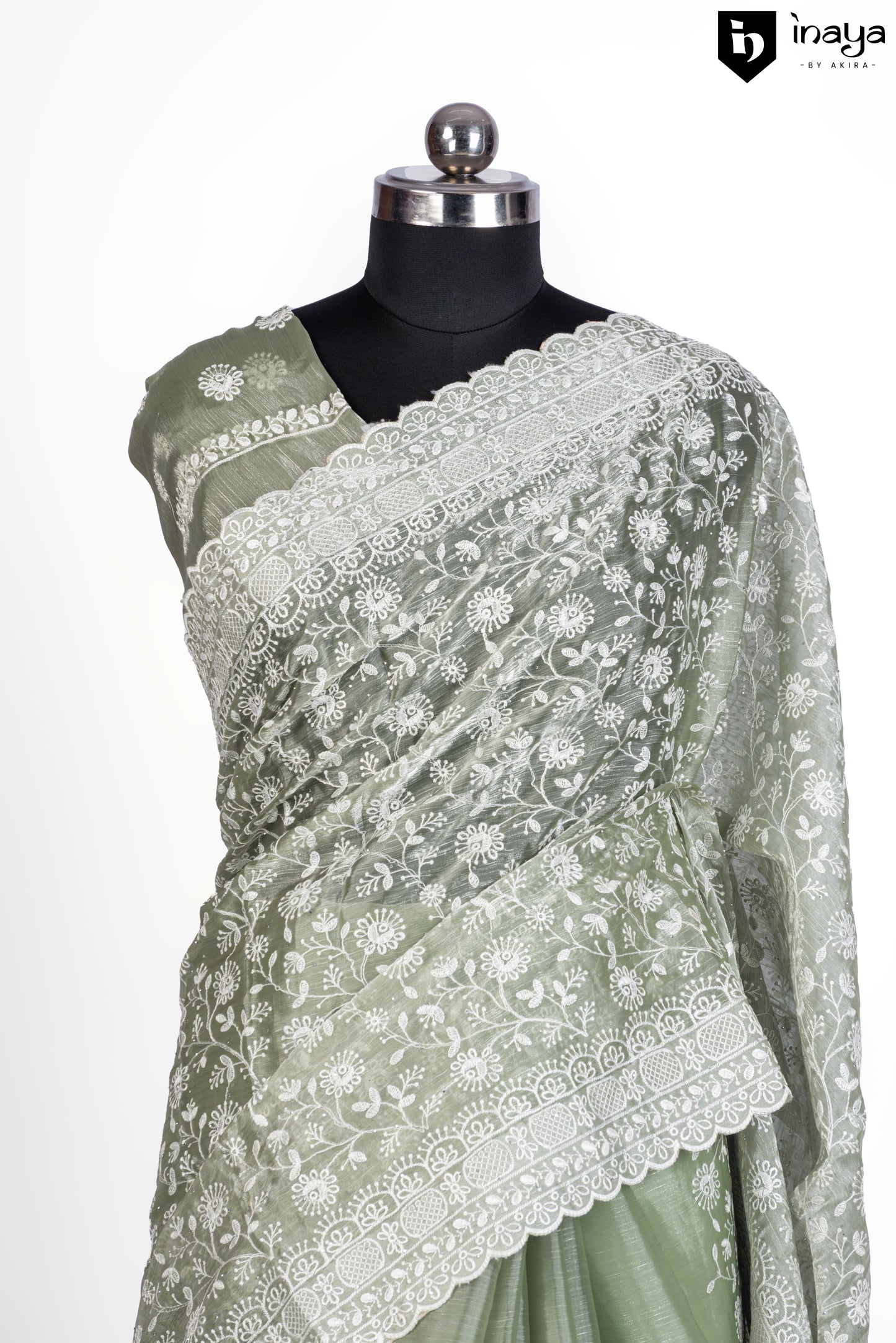 Sage Green Organza Saree with Intricate Embroidery