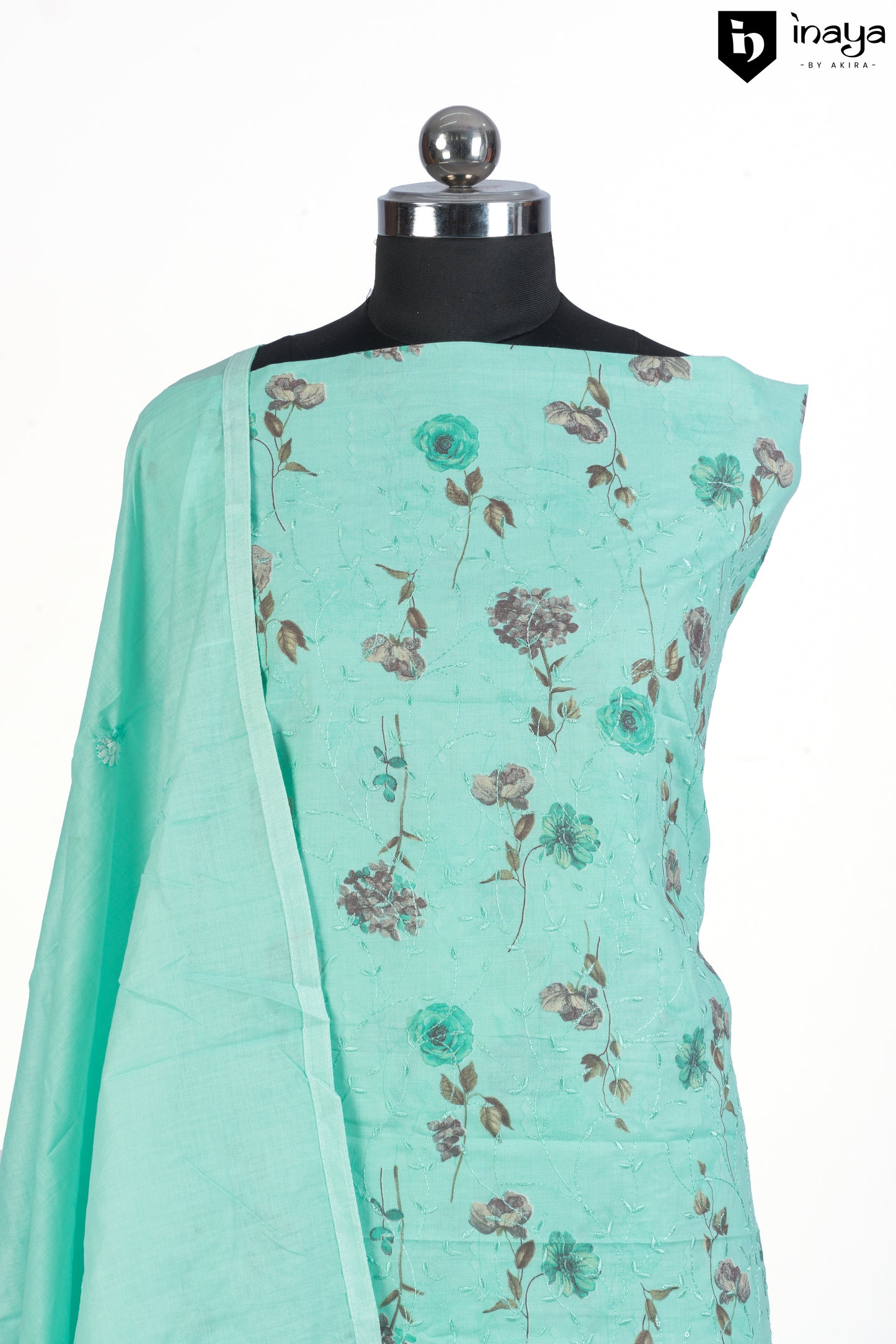 Aqua Garden Cotton Suit with Floral Embroidery