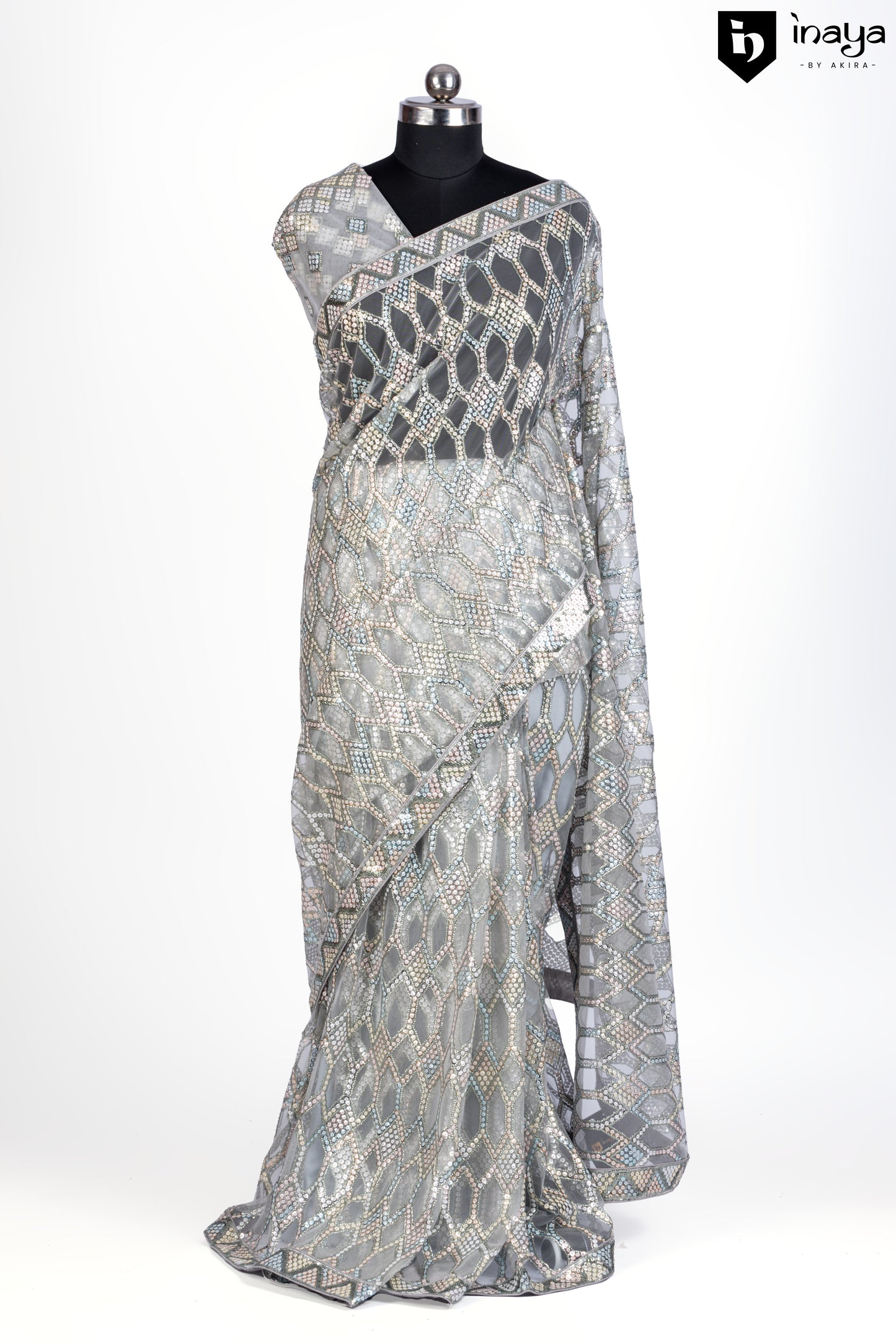 Silver Net Saree with Geometric Sequin Embellishments