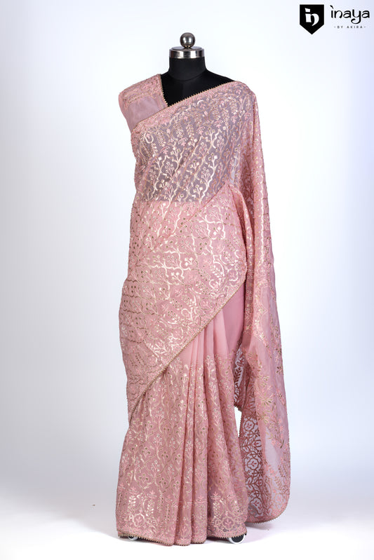 Elegant Peach Embroidered Organza Saree