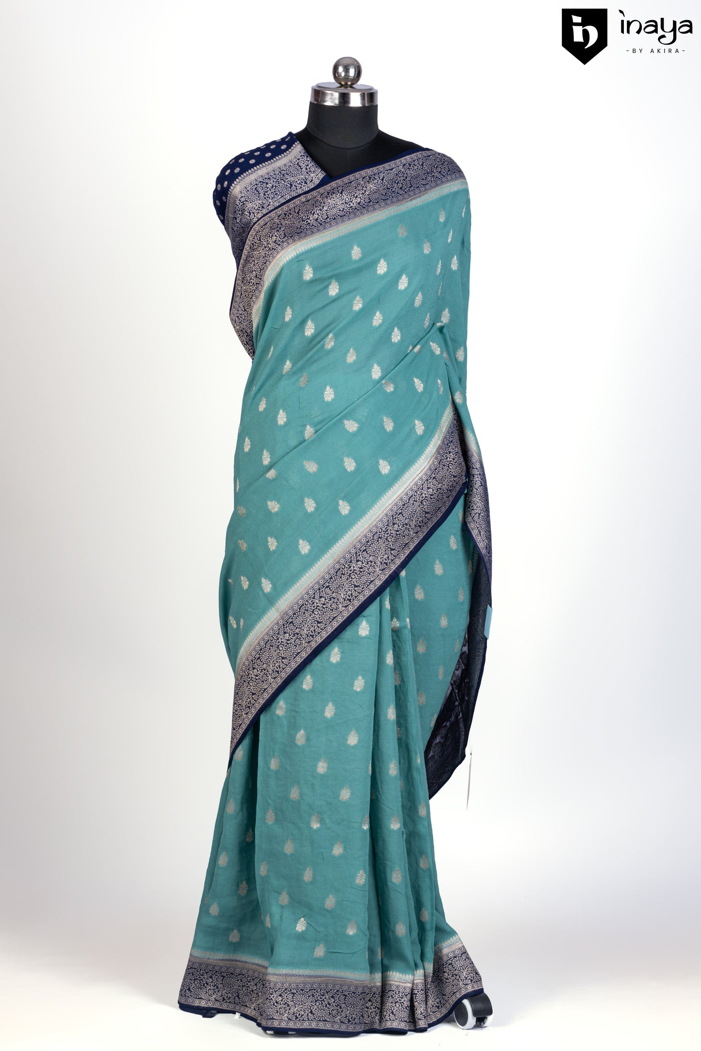 Teal Serenity - Banarasi Silk Saree with Silver Zari Accents