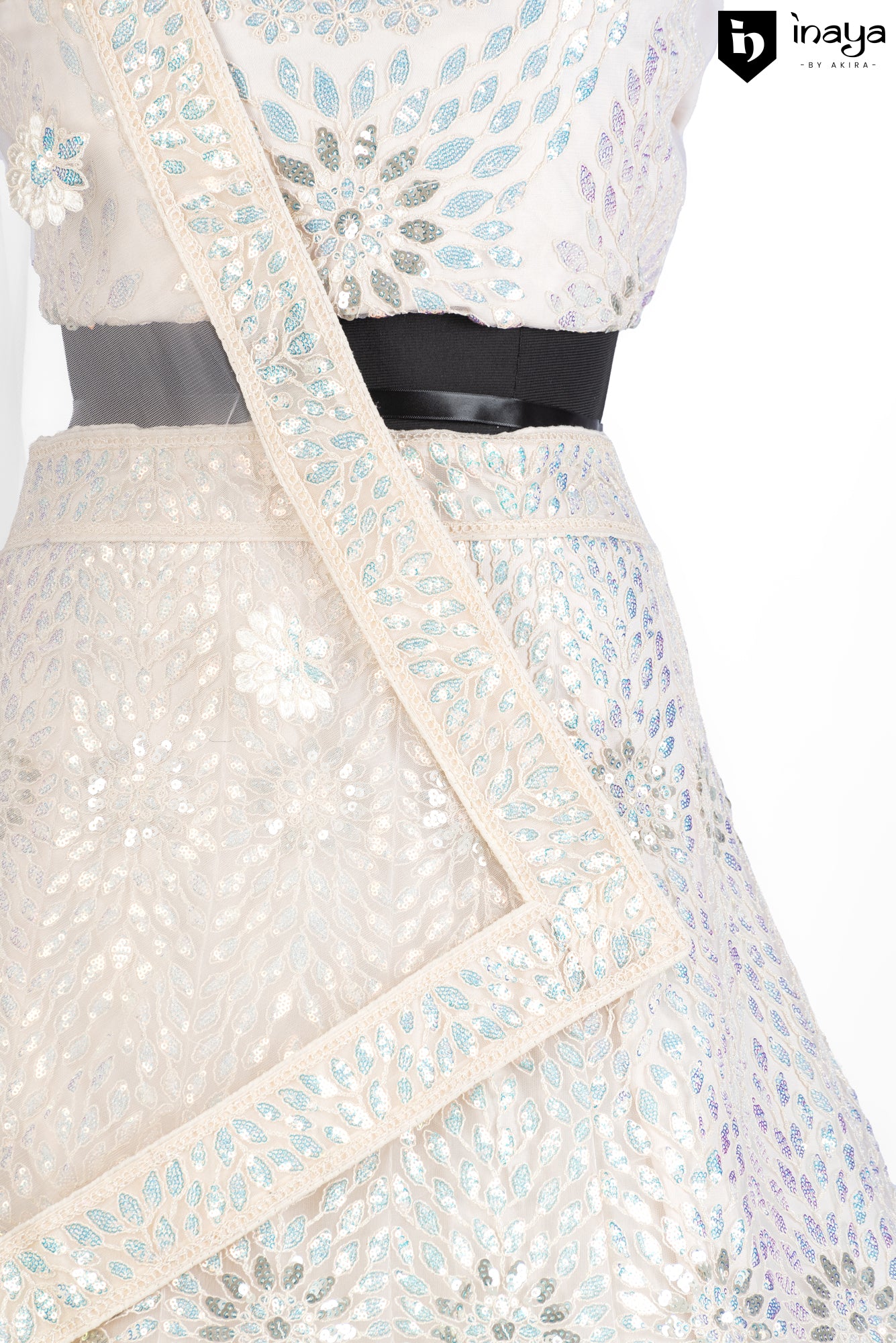 Iridescent Ivory: Ivory Net Semi-Stitched Lehenga with Crystal Embellishments