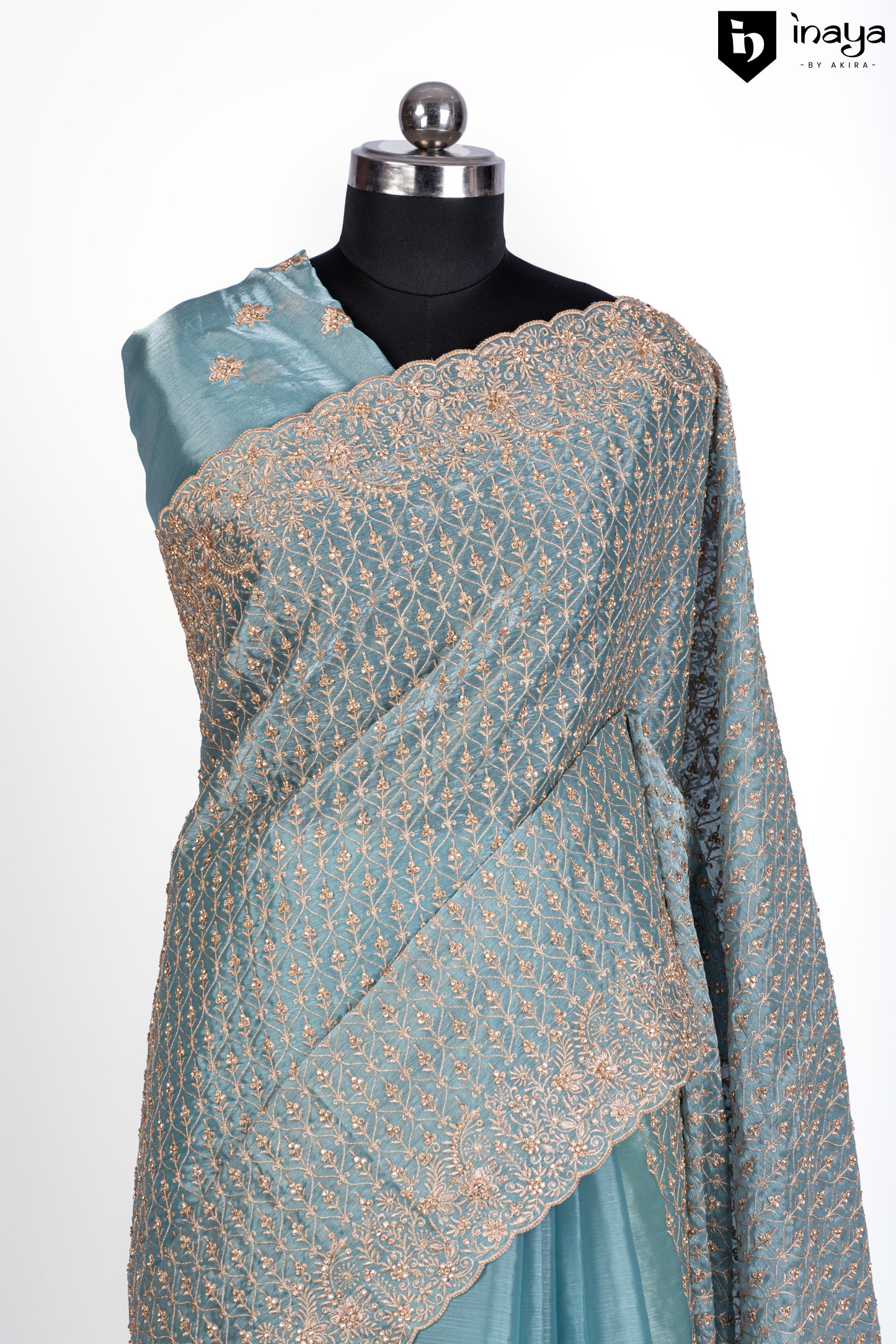 Aqua Mist Organza Saree with Golden Embellishments