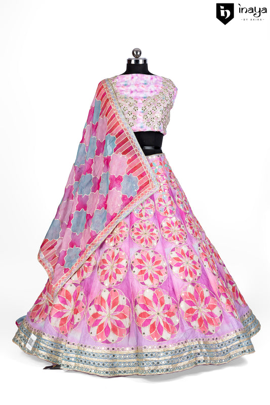 Floral Fiesta: Pink Organza Semi-Stitched Lehenga with Hand-Painted Flowers