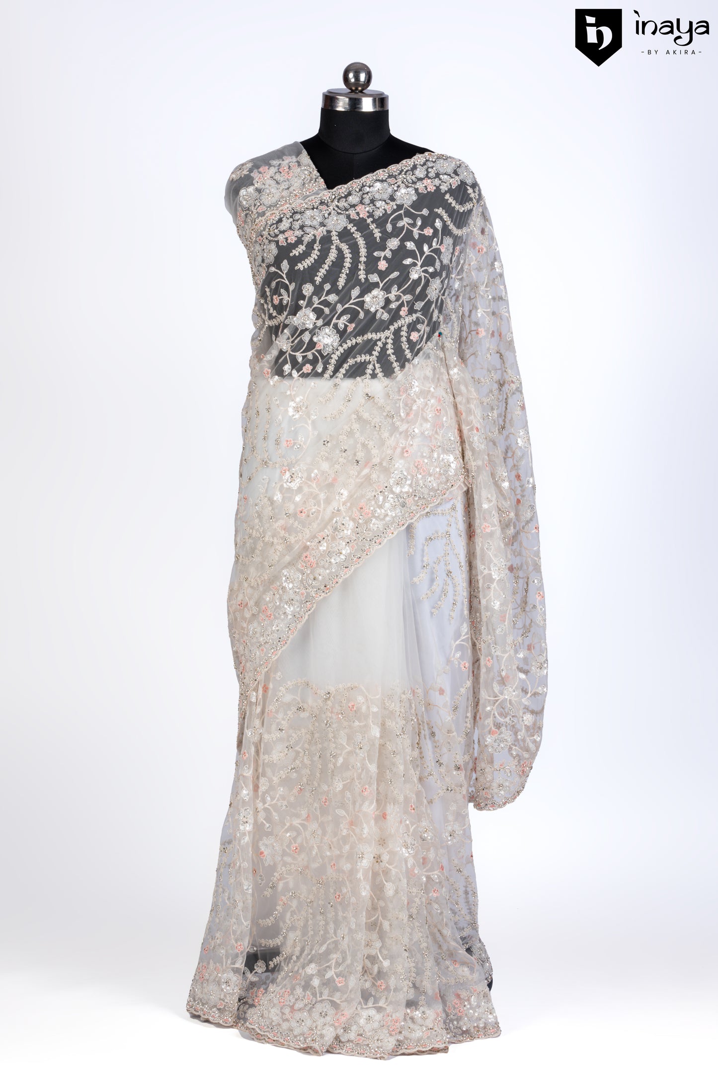 Ivory Net Saree Adorned with Crystal Embellishments