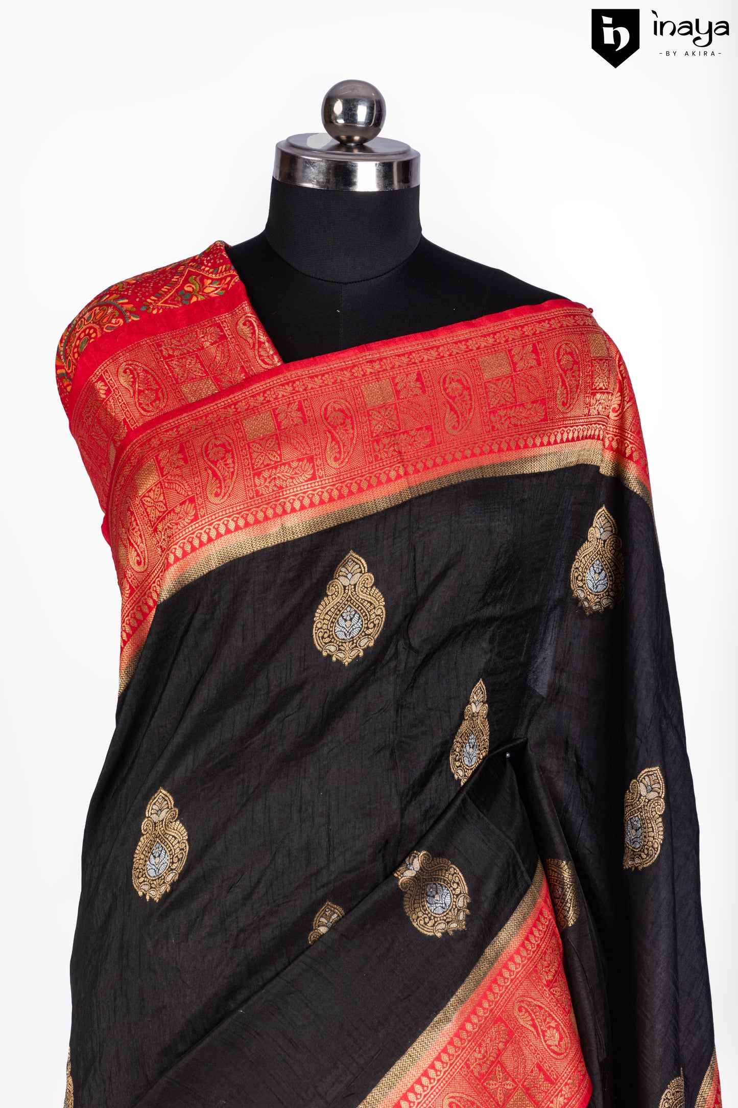 Midnight Elegance Banarasi Silk Saree with Scarlet Accents