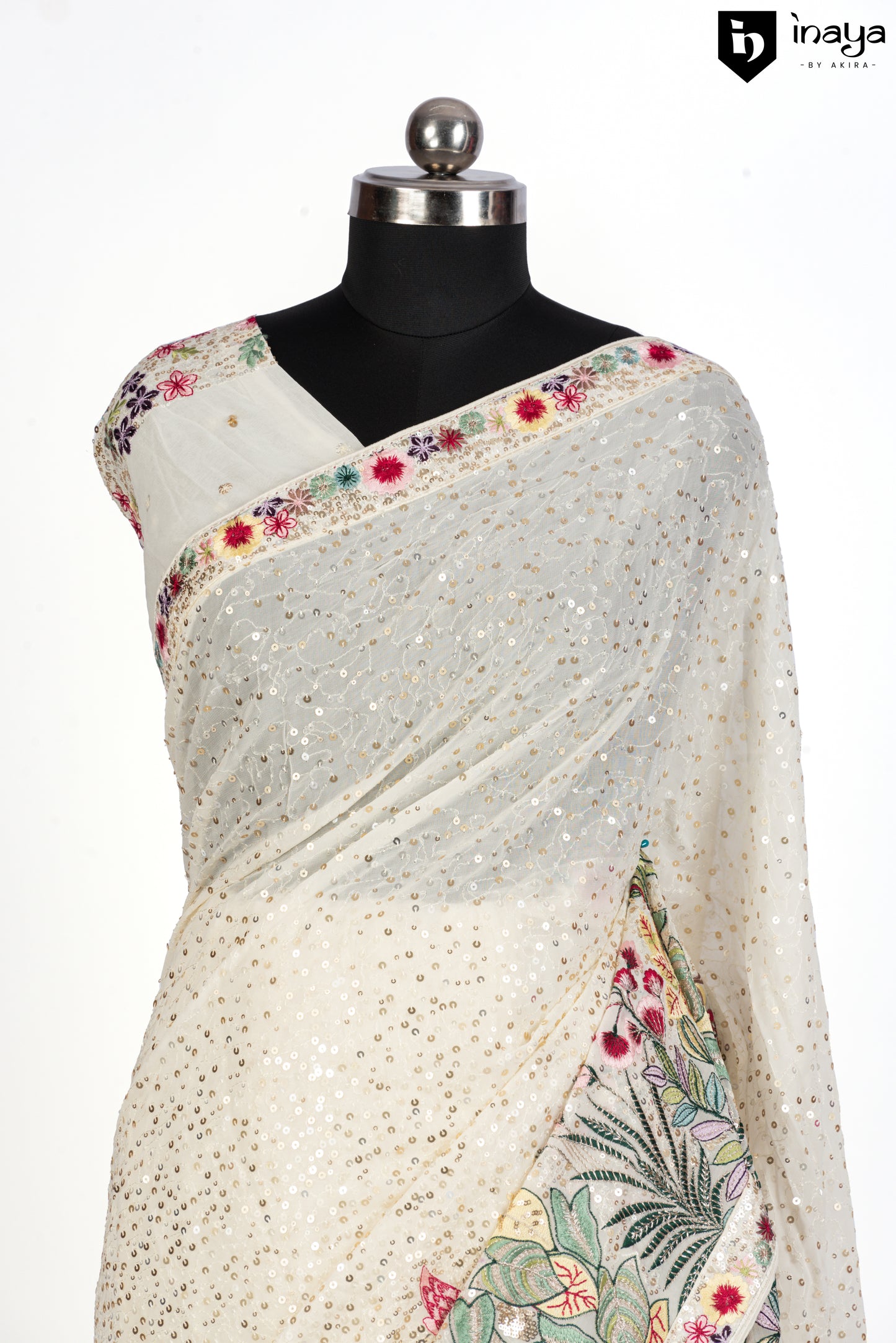 Ivory Oasis Georgette Saree with Botanical Embroidery