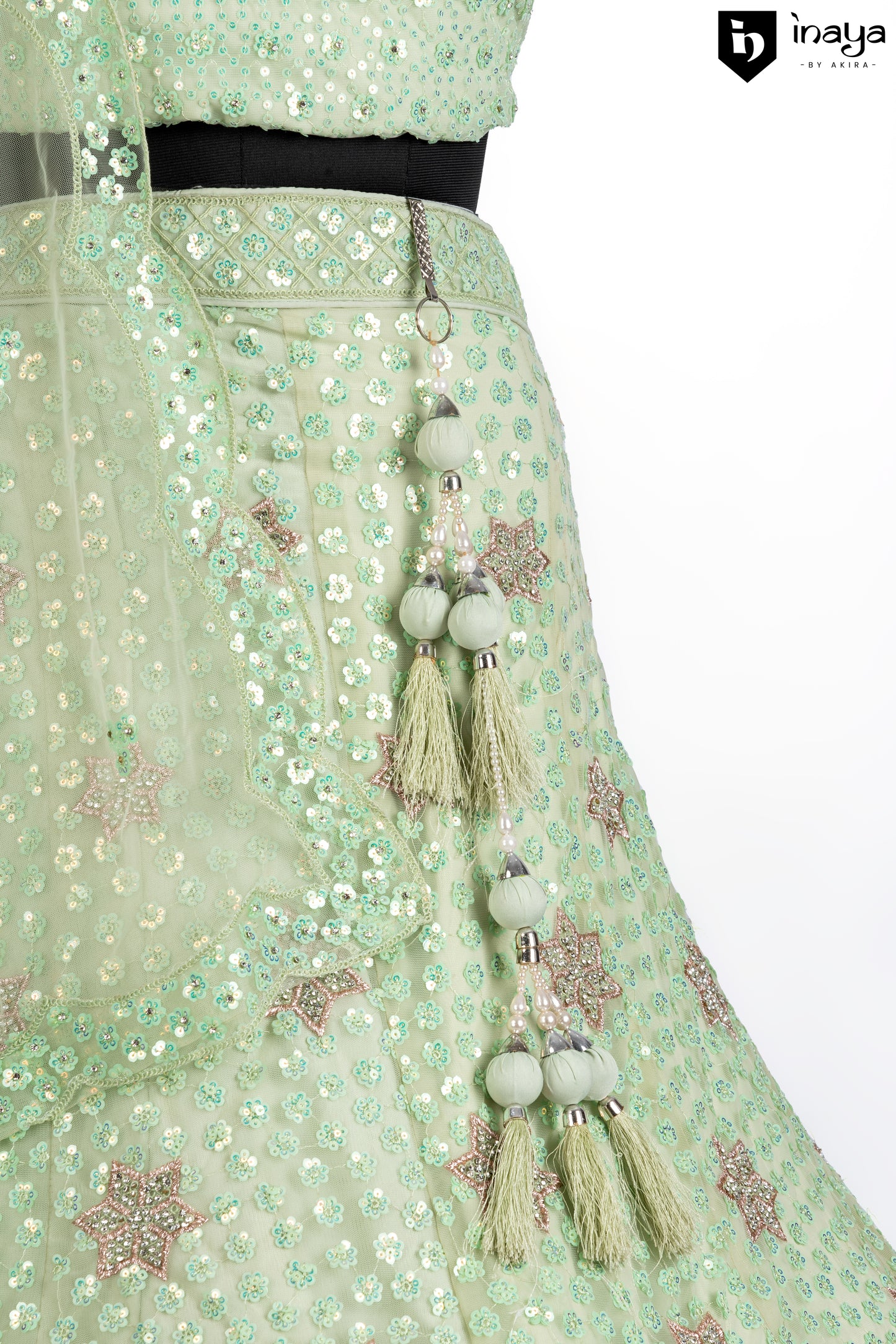 Mint Green Crepe Silk Semi-Stitched Lehenga with Tassel-Detailed Dupatta