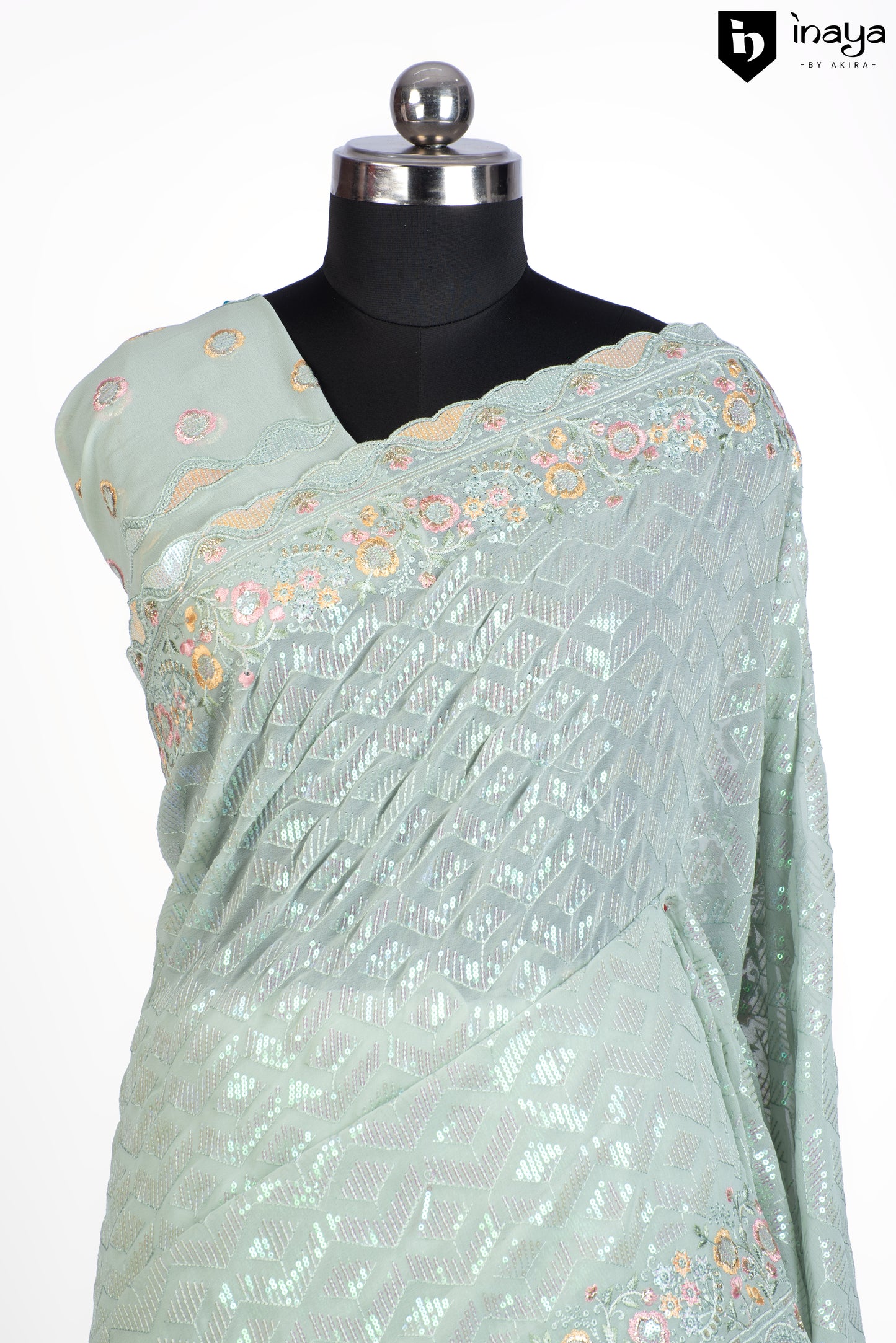 Mint Mirage Georgette Saree with Floral Embellishments