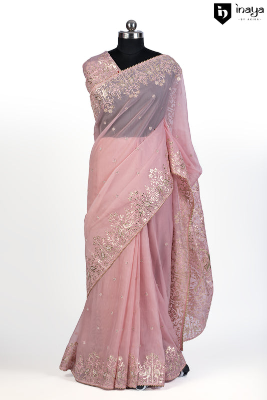 Onion Pink Whisper Organza Saree with Silver Threadwork