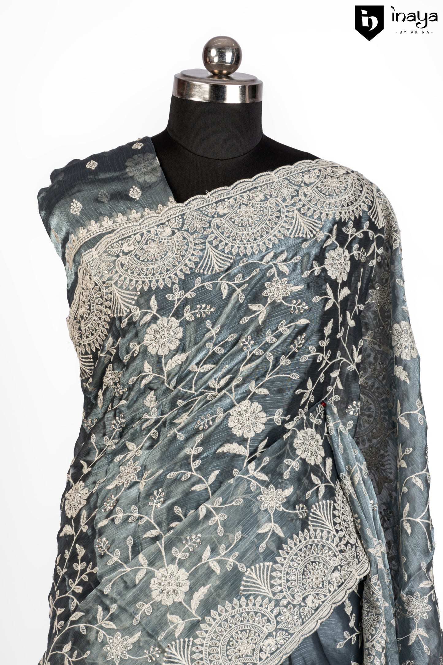 Elegant Grey Organza Saree with Floral Embroidery