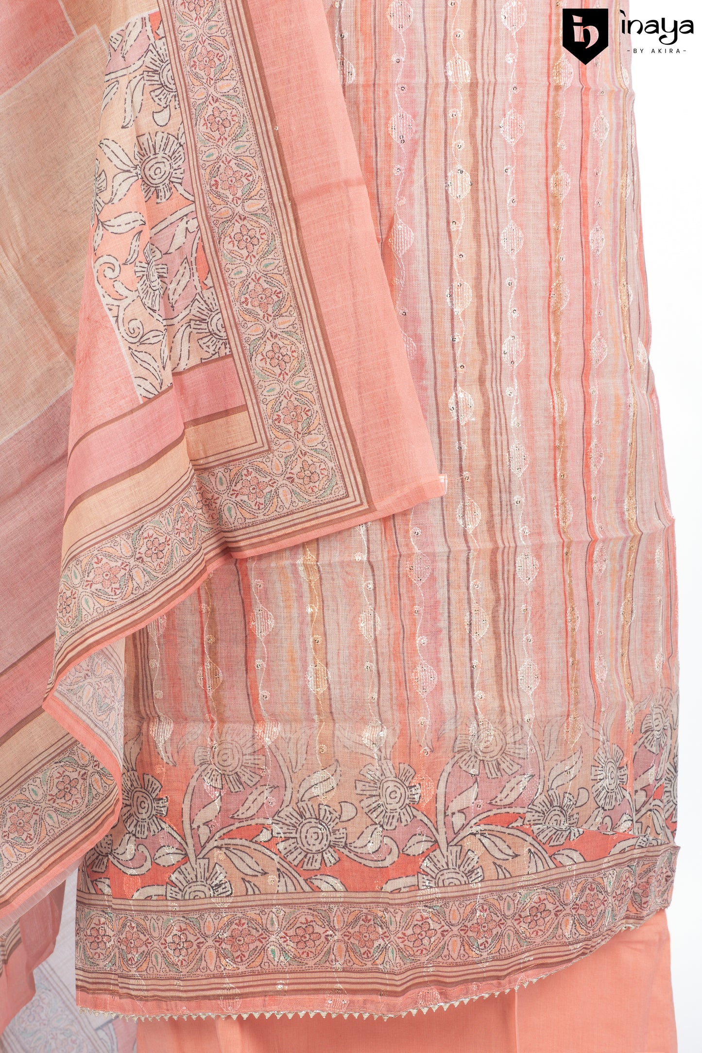 Apricot Sunrise Cotton Suit Set with Traditional Motifs