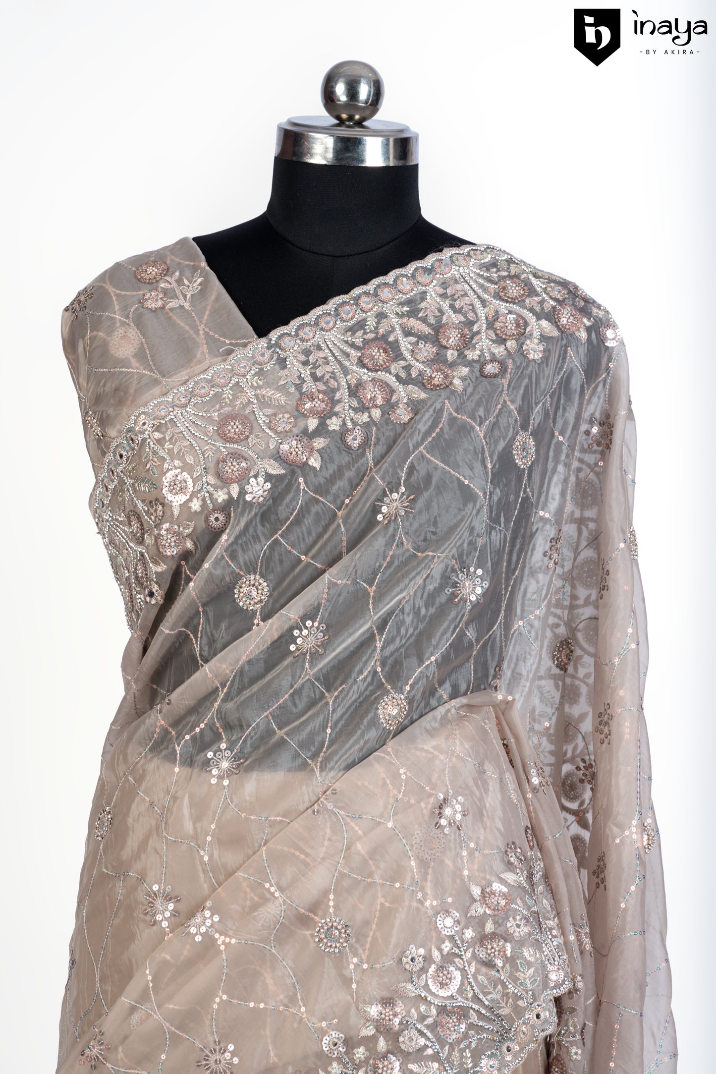 Beige Elegance Organza Saree with Silver Embellishments