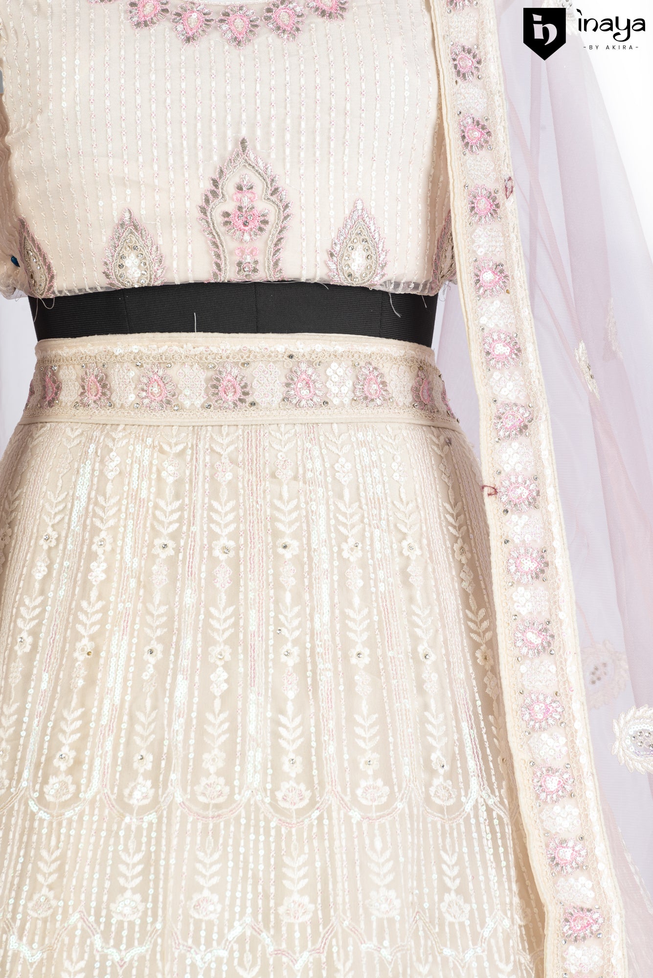 Vintage Vanilla: Vanilla Net Semi-Stitched Lehenga with Pink Floral Embroidery