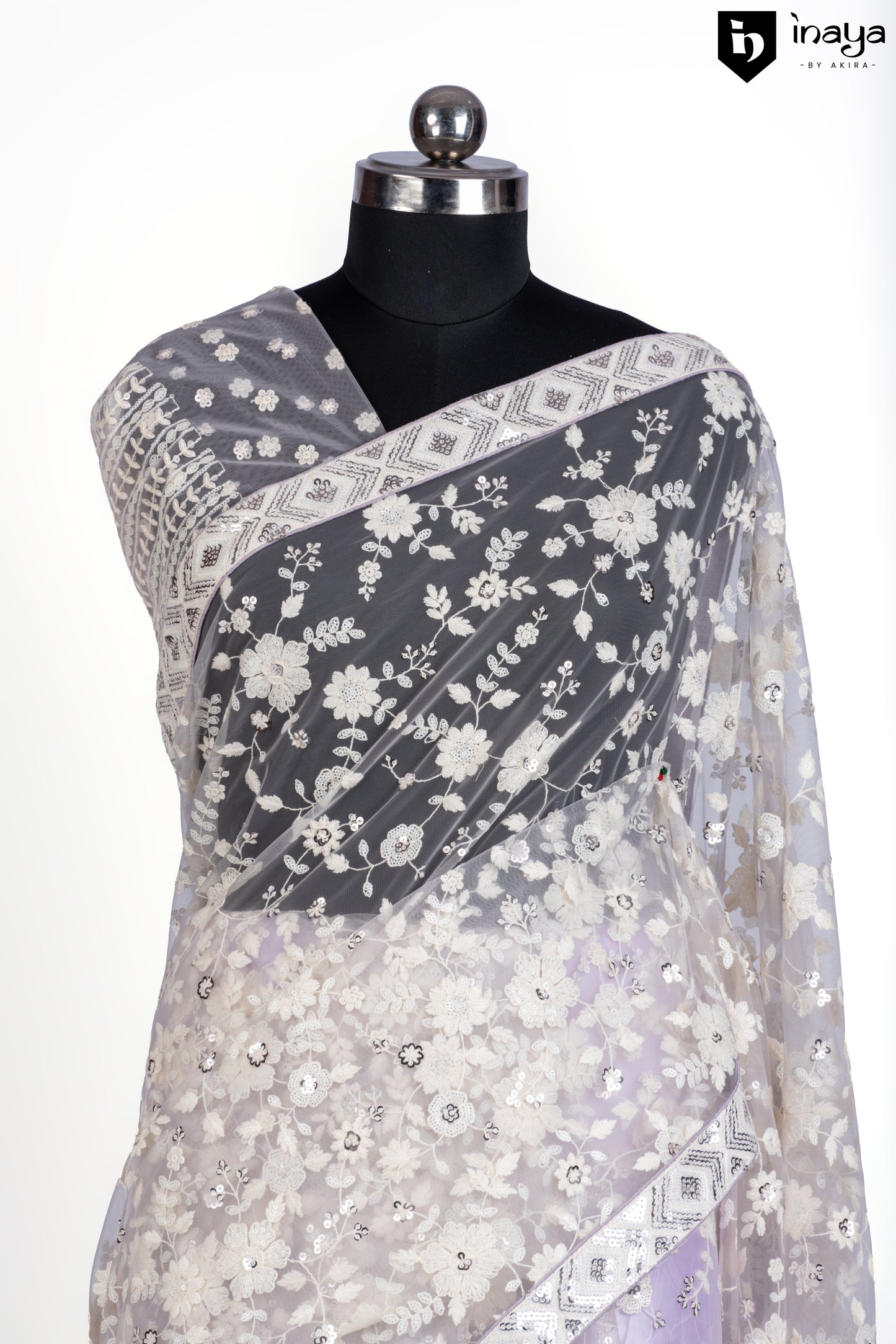 Lavender Net Saree with Floral Embellishments