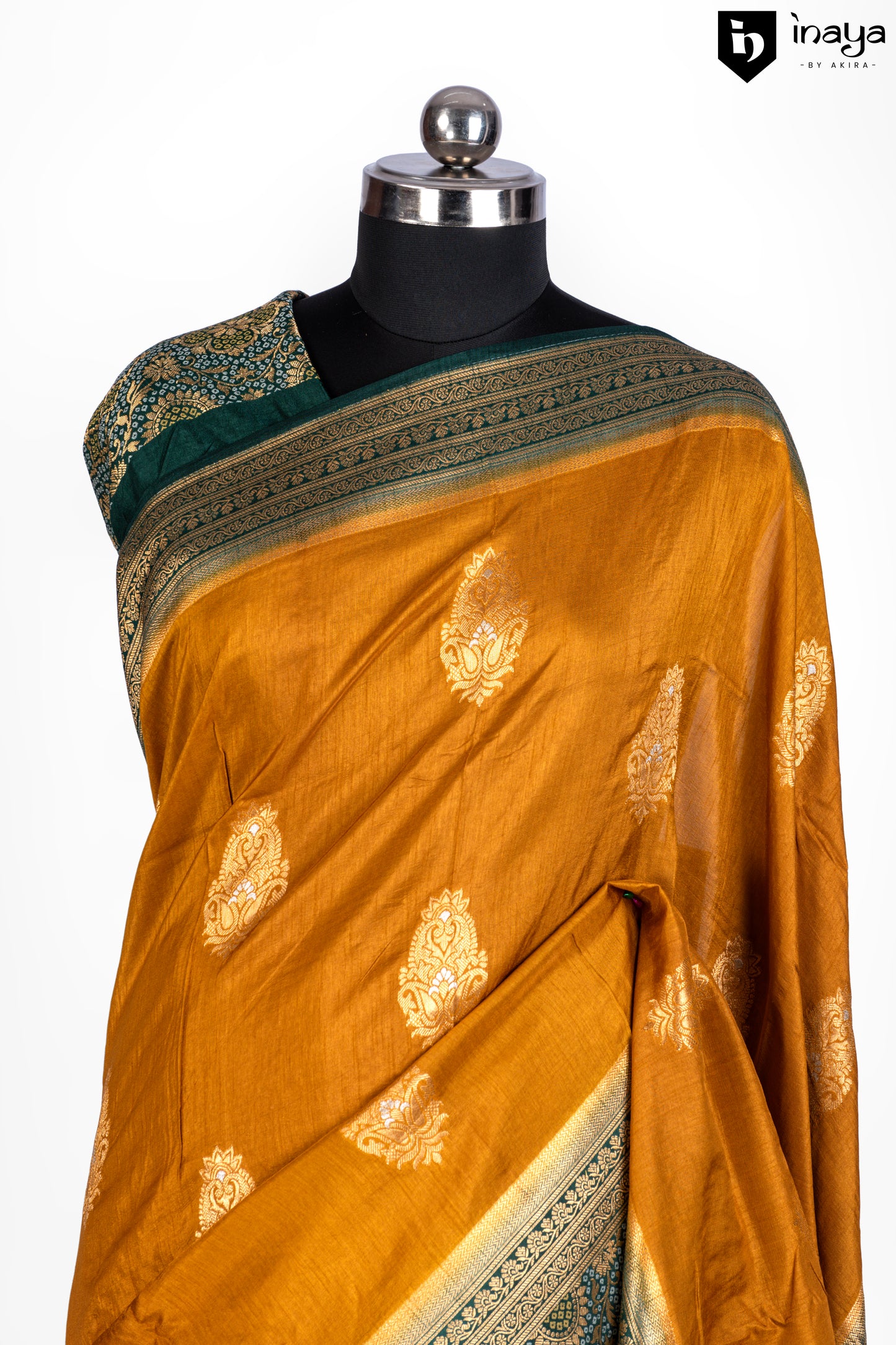 Golden Mustard Banarasi Silk Saree with Teal Embellishments