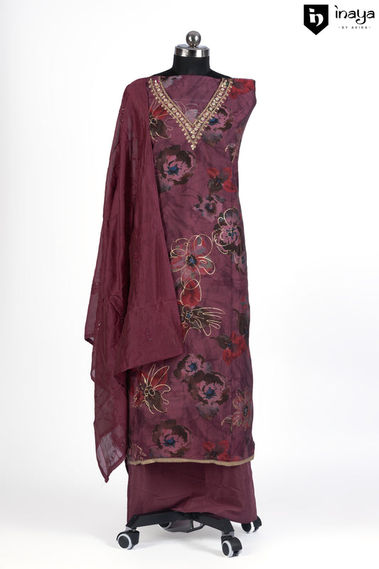 Burgundy Bloom Rayon Cotton Suit Set