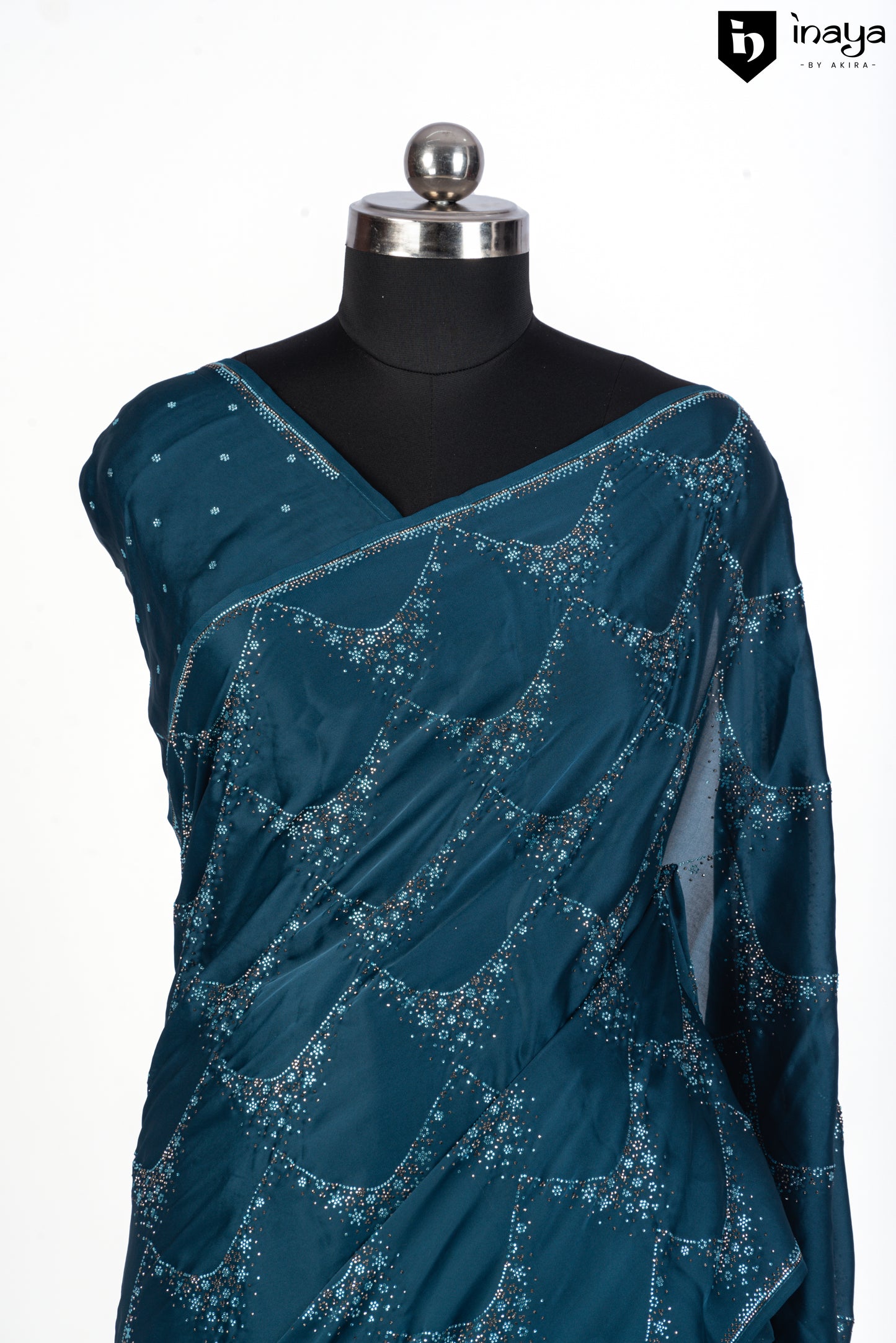 Teal Blue Enigma Satin Crepe Saree with Crystal Embellishments