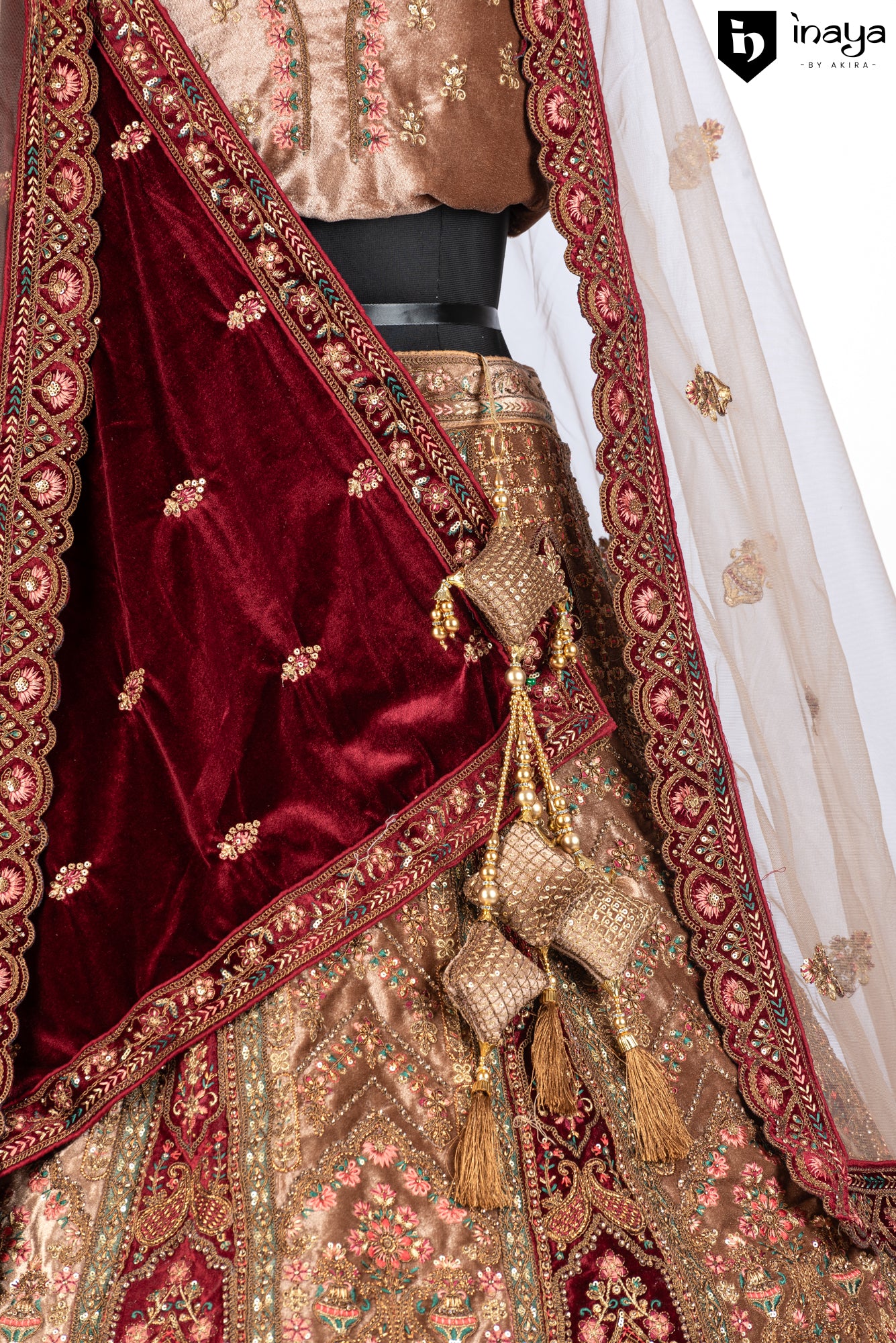 Regal Maroon Velvet Semi-Stitched Bridal Lehenga with Golden Embroidery