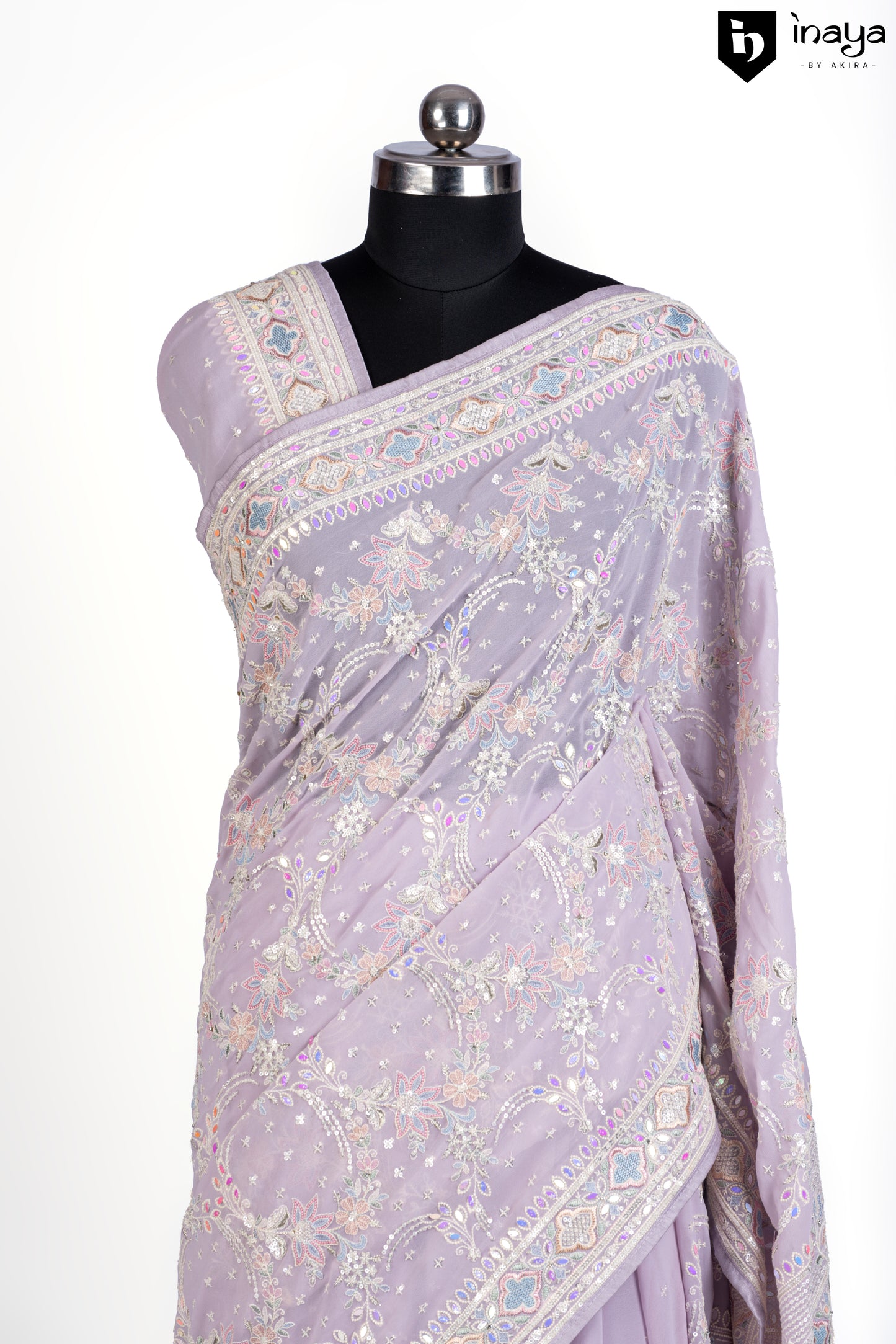 Lavender Georgette Saree with Intricate Pastel Embroidery