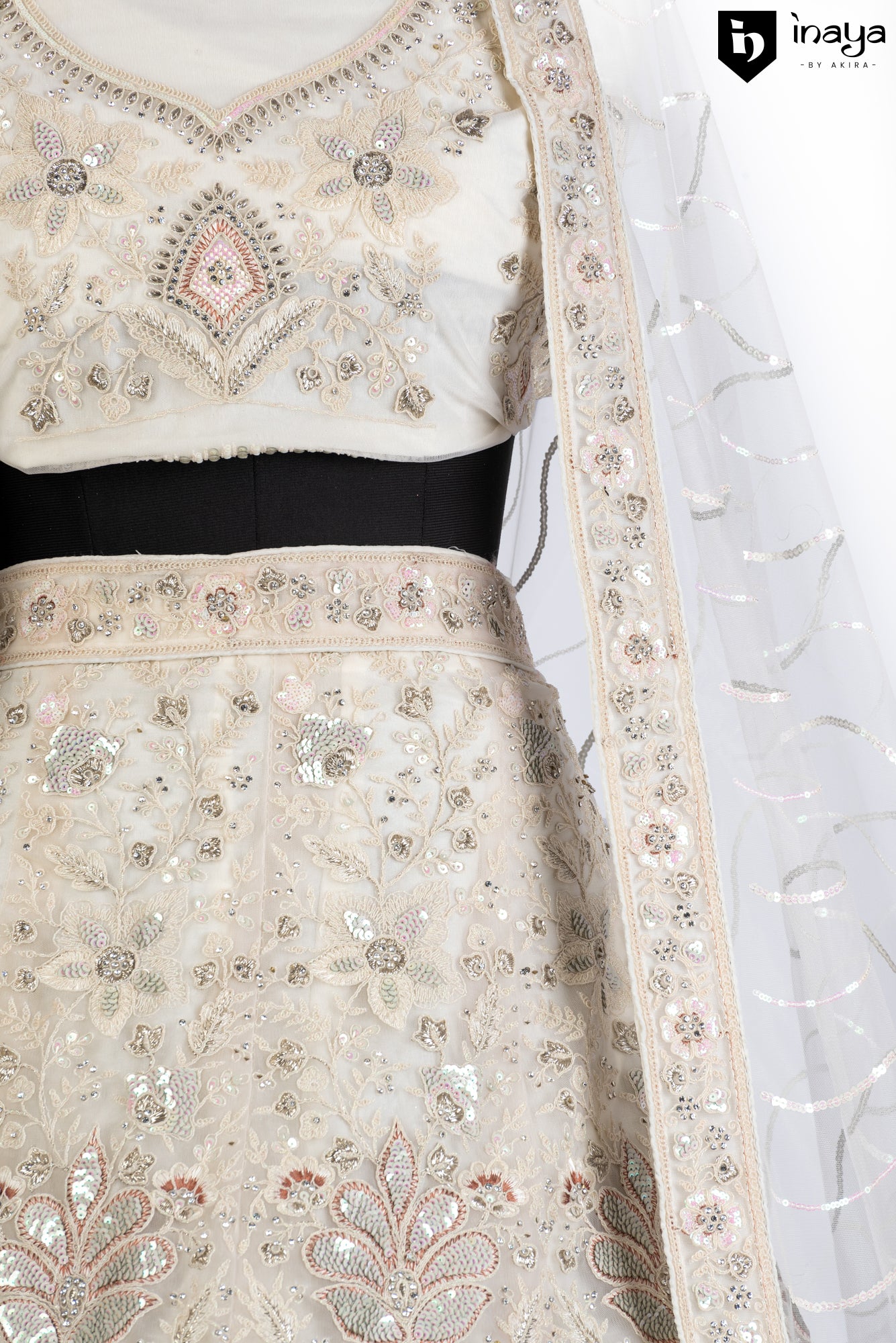 Ethereal Glow: Ivory Net Semi-Stitched Lehenga with Sequin Embroidery