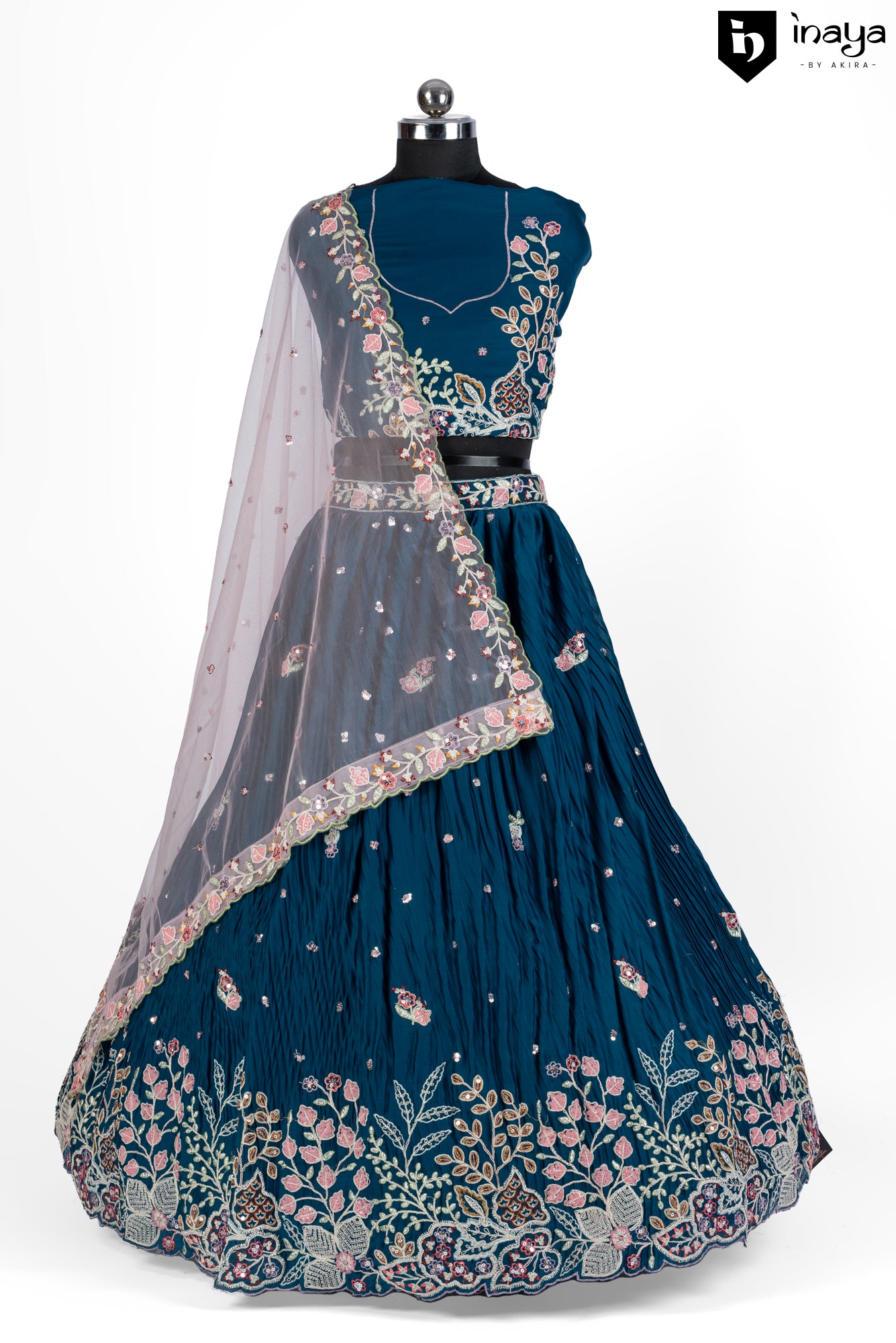 Elegant Teal Blue Crepe Silk Semi-Stitched Lehenga Set with Embroidered Dupatta