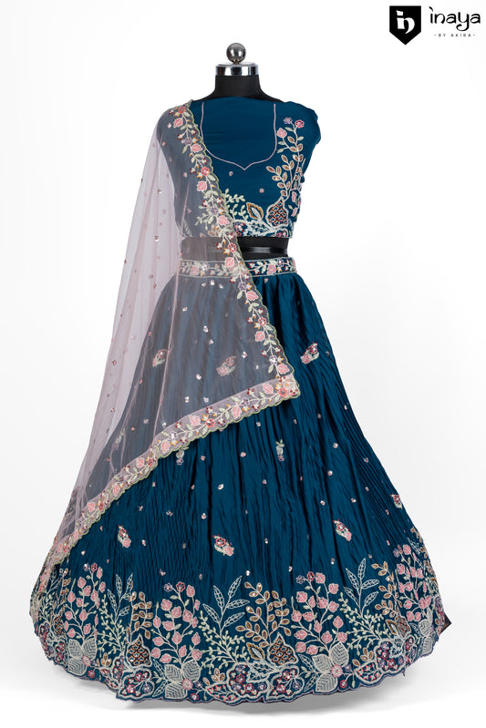 Elegant Teal Blue Crepe Silk Semi-Stitched Lehenga Set with Embroidered Dupatta