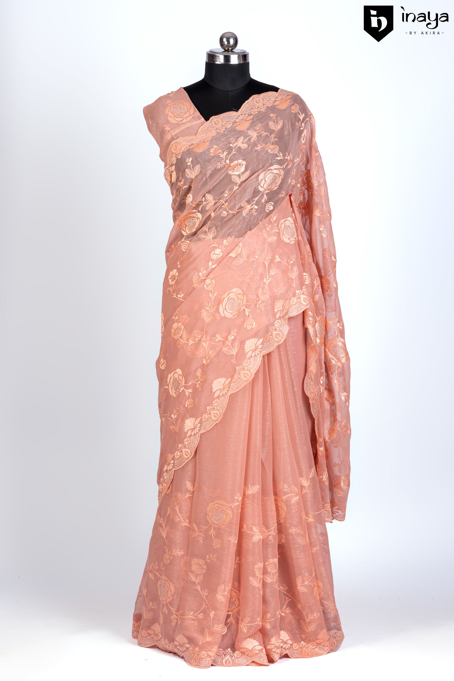 Peach Blossom Chiffon Saree with Golden Embroidery