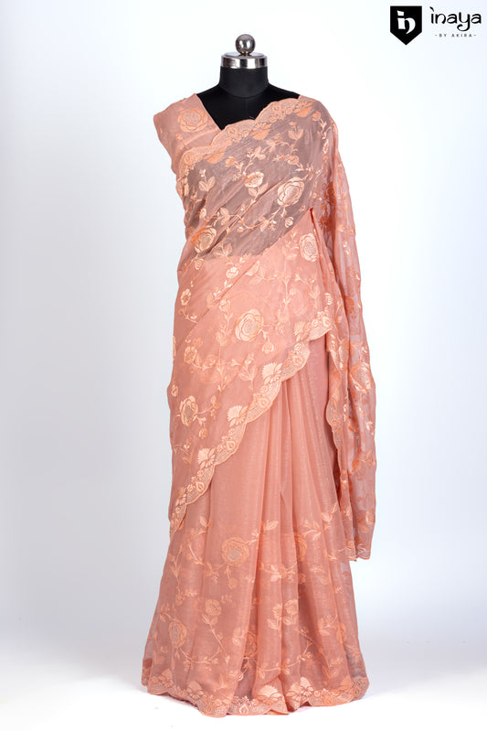 Peach Blossom Chiffon Saree with Golden Embroidery