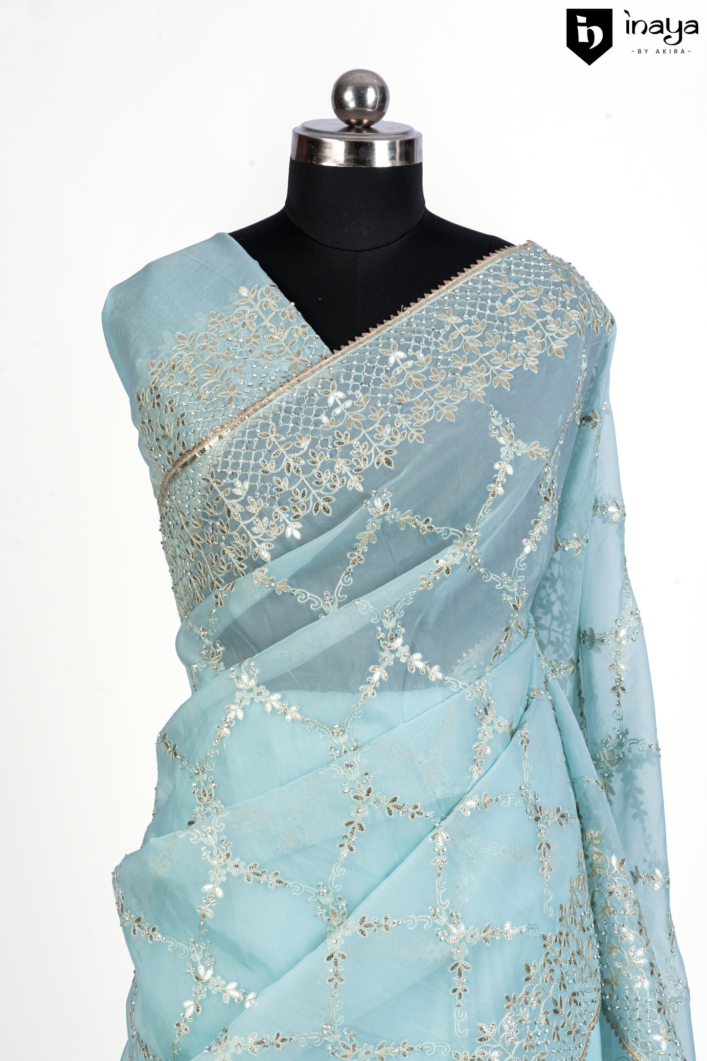 Aqua Serenity Sequined Organza Saree