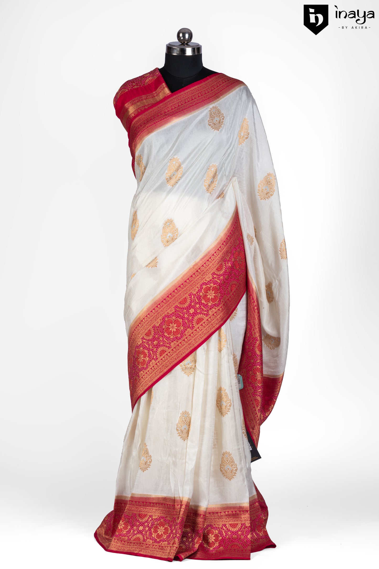 Ivory Grace Banarasi Silk Saree with Crimson Borders