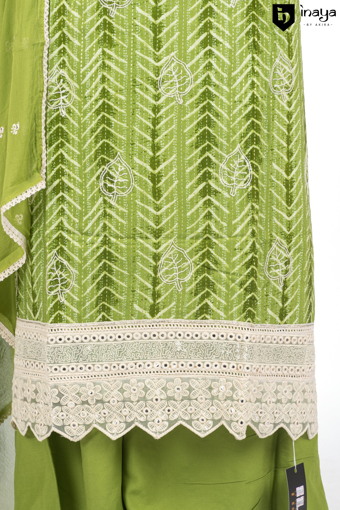 Emerald Essence Rayon Cotton Suit Set with Geometric Embroidery