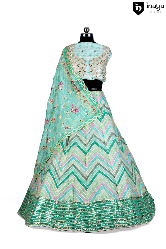 Sea-Green Organza Semi-Stitched Lehenga with Embroidery