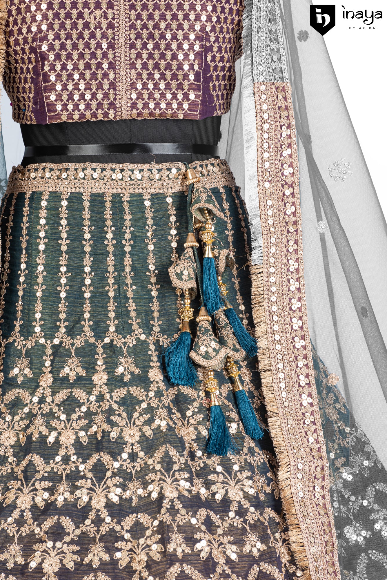 Mocha and Ice: Mocha Raw Silk Semi-Stitched Bridal Lehenga with Ice Blue Dupatta