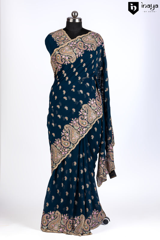 Teal Blue Georgette Saree with Embellished Paisley Motifs