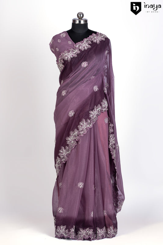 Ethereal Lavender Chiffon Saree with White Embroidery