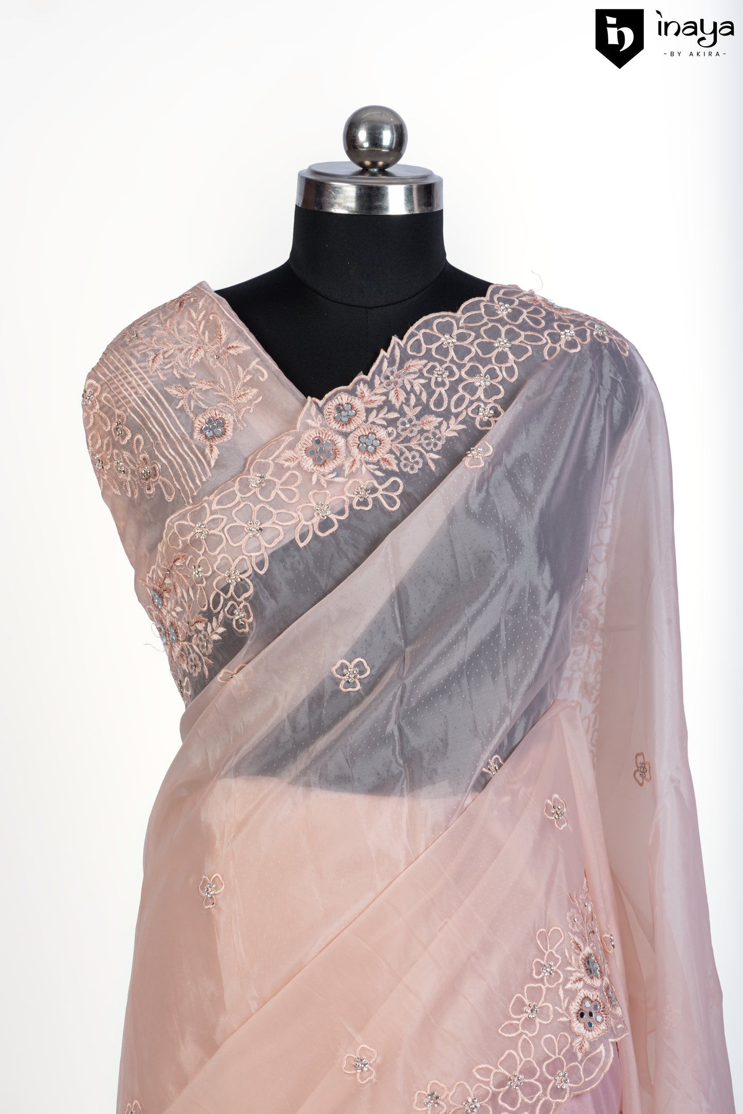 Peach Perfection Organza Saree with Silver Embellishments