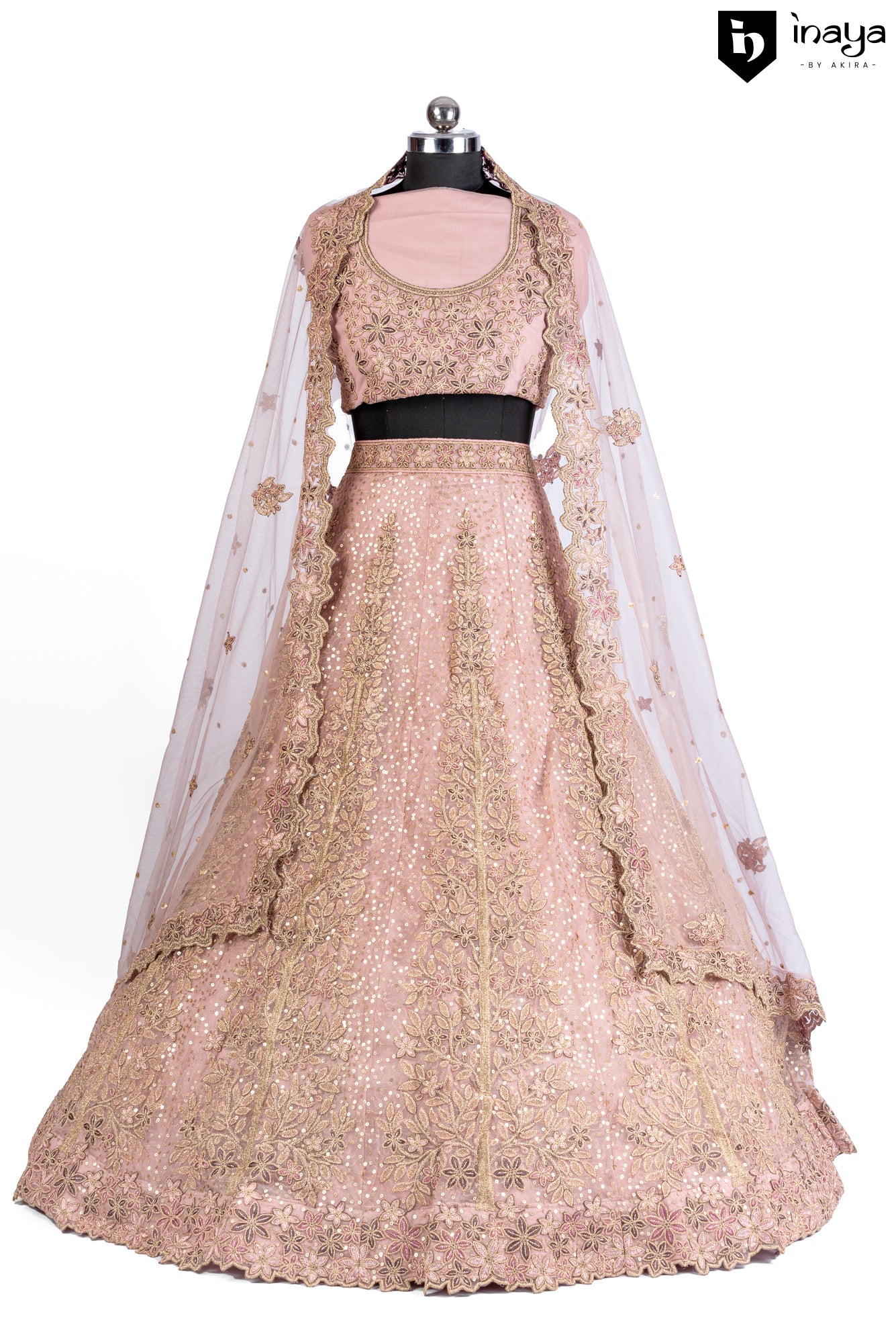 Blush of Dawn: Blush Pink Net Semi-Stitched Bridal Lehenga with Golden Embroidery