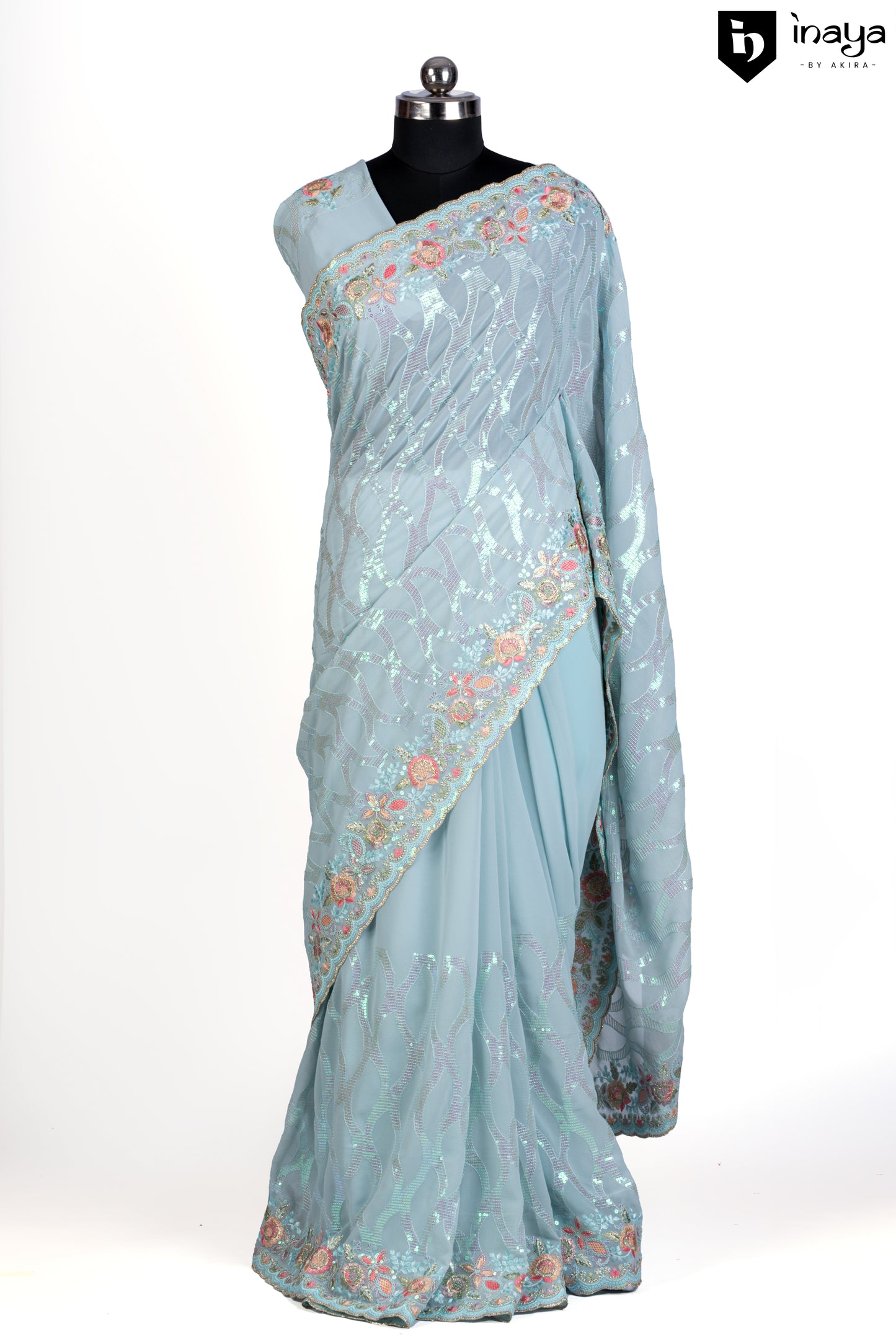 Aqua Georgette Saree with Floral Embellishments