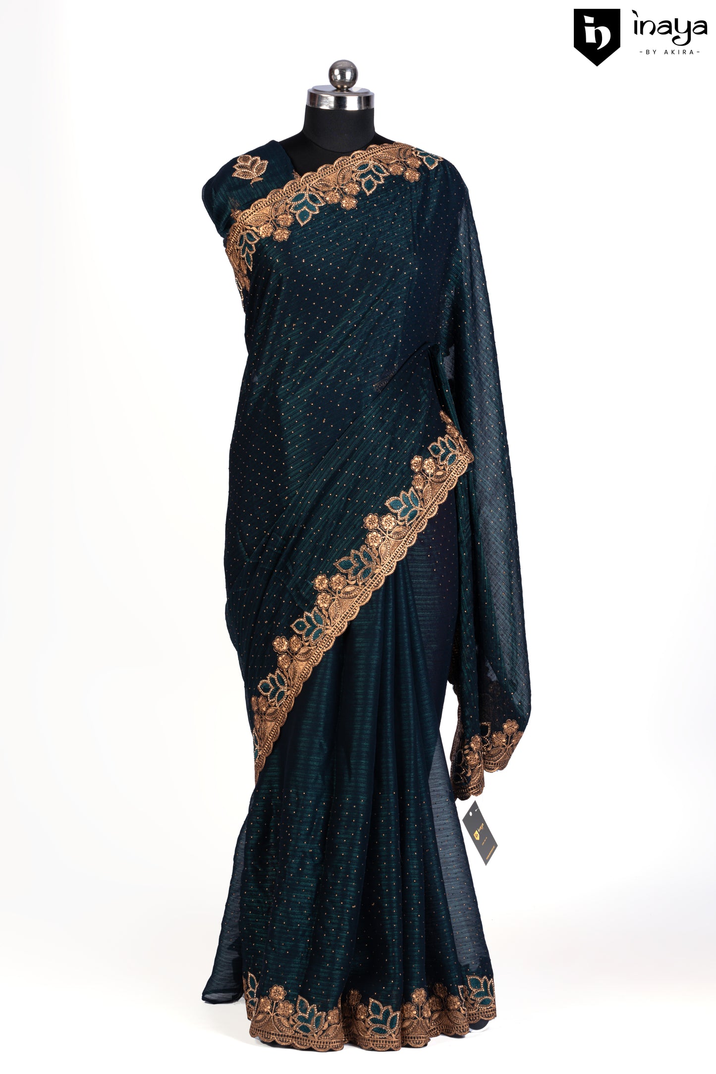 Emerald Twilight: Bottle Green Georgette Saree with Golden Highlights